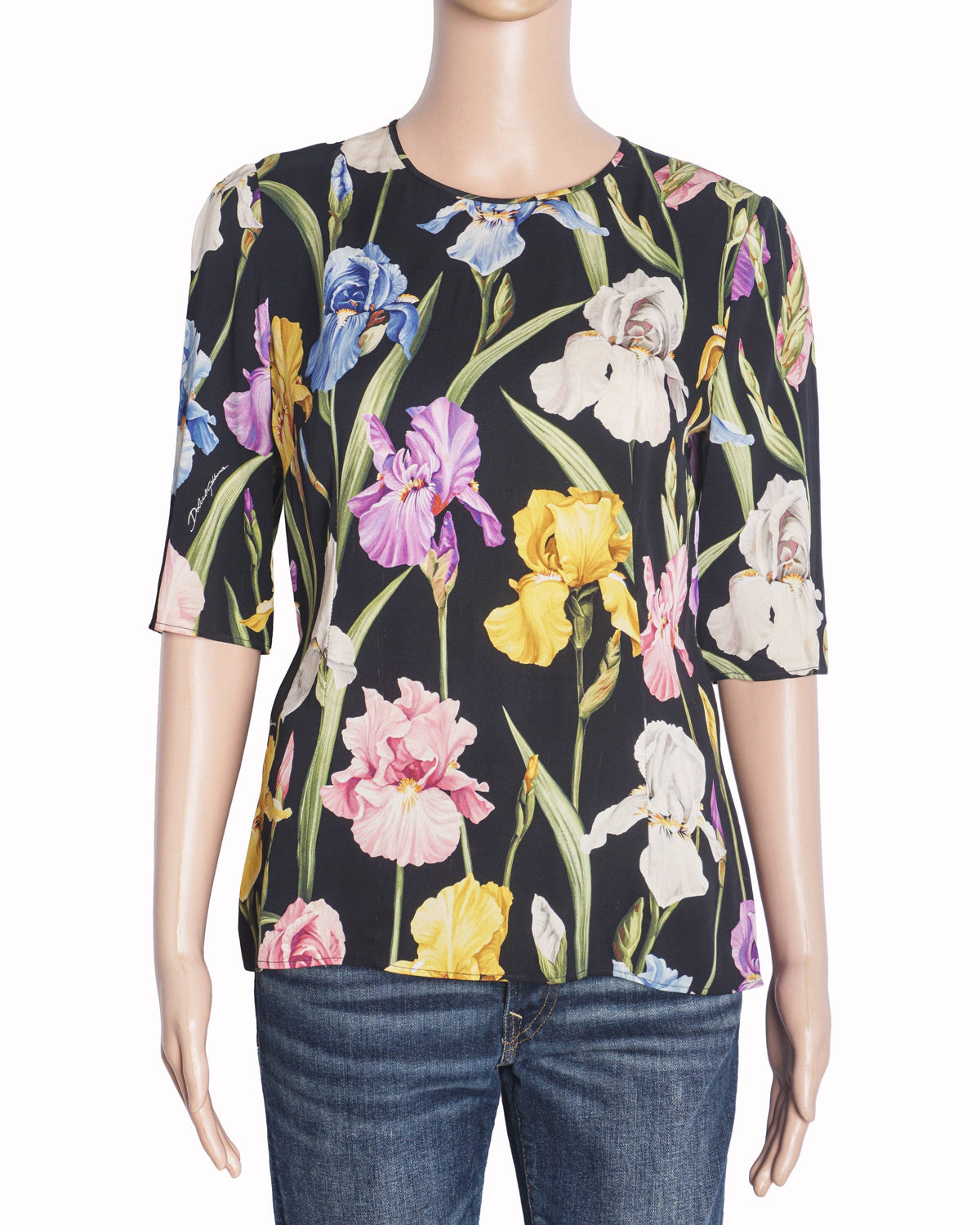 Dolce & Gabbana Black Iris Floral Print Silk Top