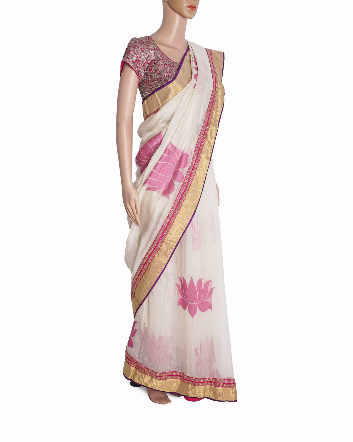 Anamika Khanna Ivory Pink Lotus Saree with Heavy Zardozi Blouse