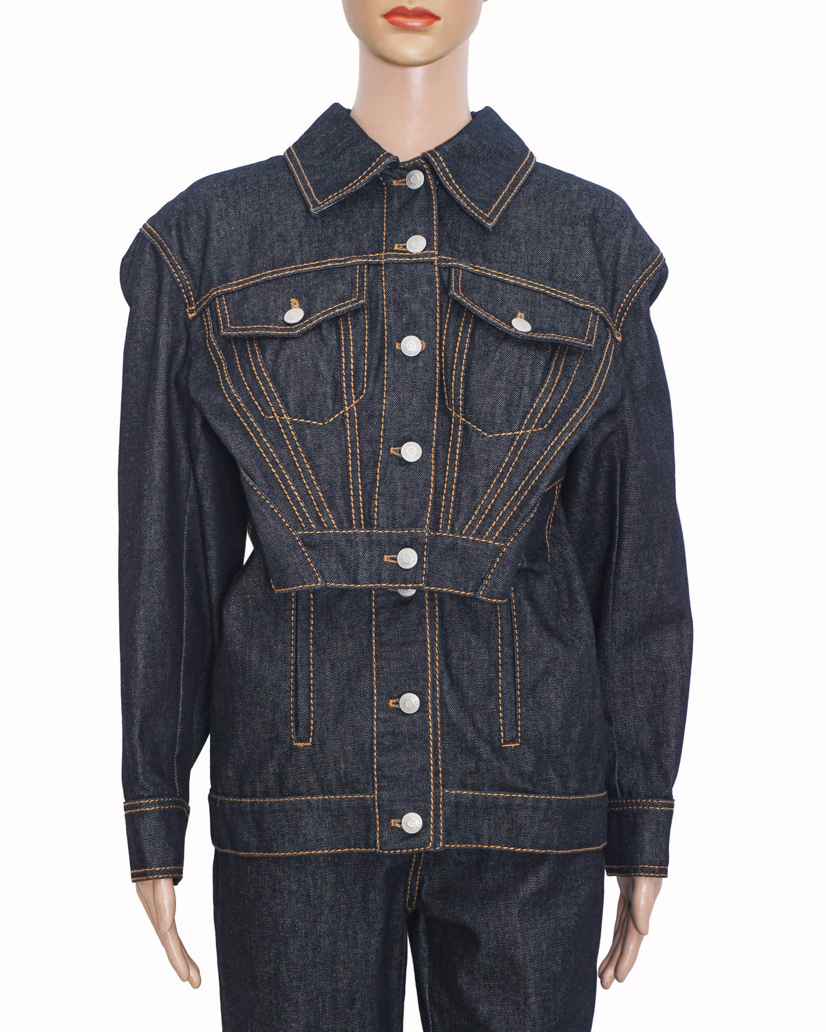 Alexander McQueen Raw Indigo Denim Trompe L'oeil Peplum Jacket & Trousers Set