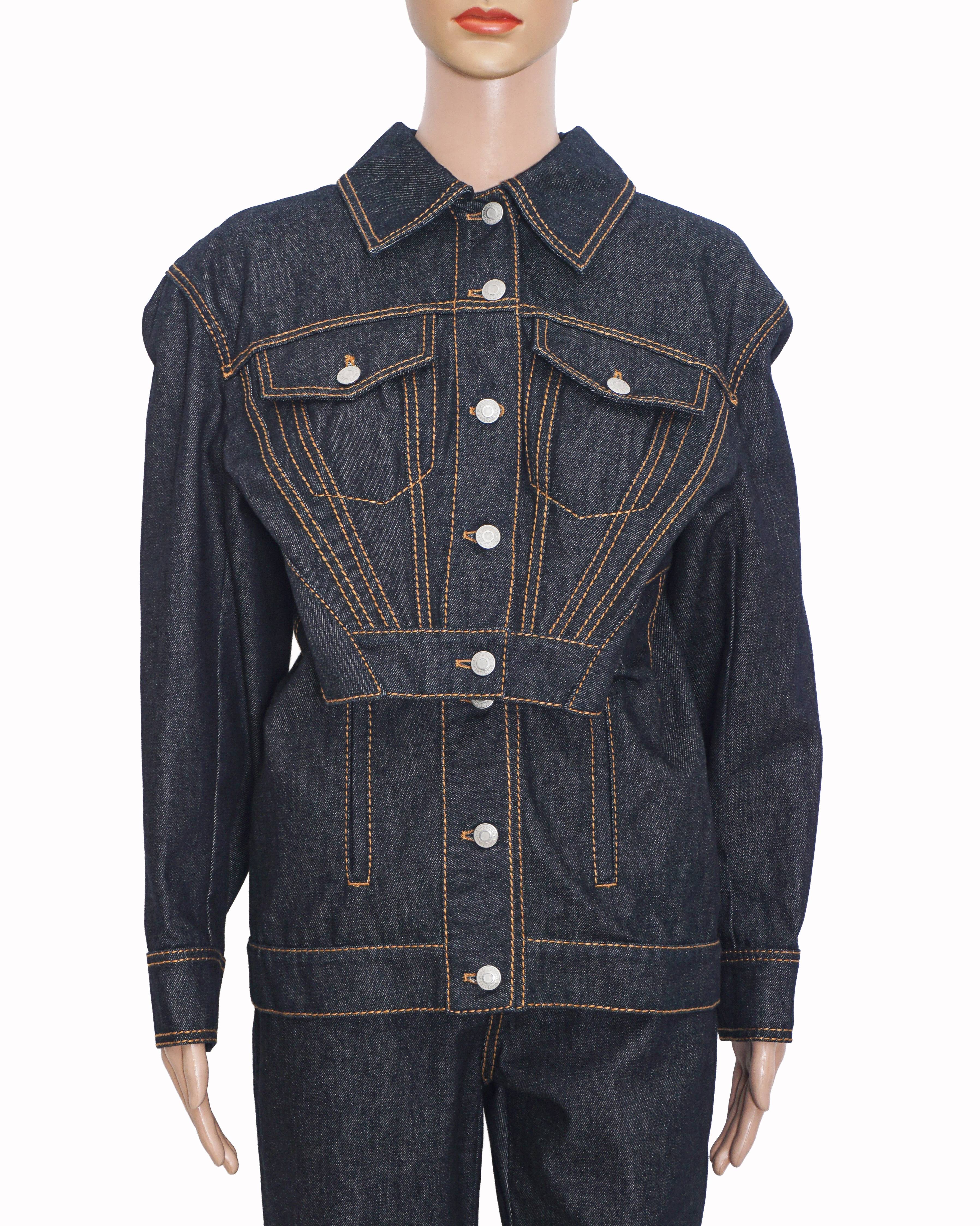 Alexander McQueen Raw Indigo Denim Trompe L'oeil Peplum Jacket & Trousers Set