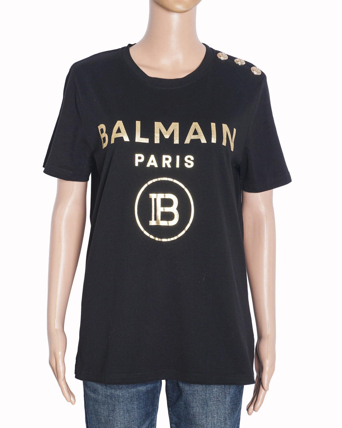 Balmain Black Cotton Gold Logo T-Shirt with Shoulder Buttons