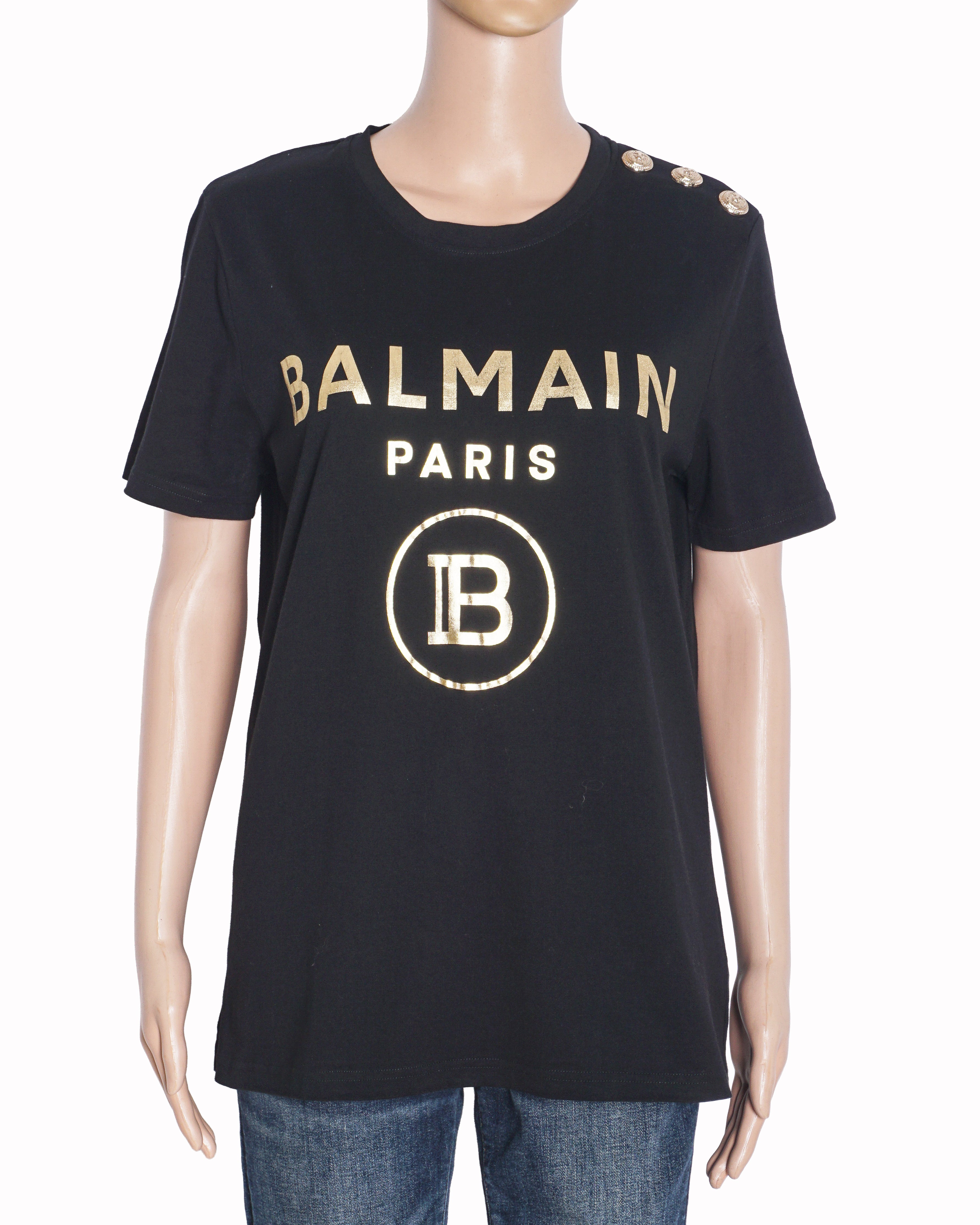 Balmain Black Cotton Gold Logo T-Shirt with Shoulder Buttons