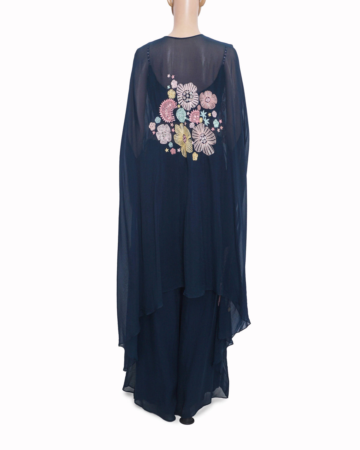 Mishru Navy Blue Floral Hand-Embodied Cape & Sharara Set