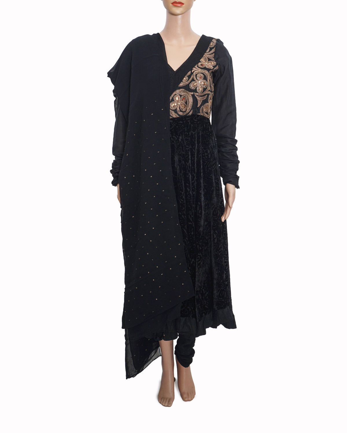 Anamika Khanna Black Velvet & Gold Embroidered Anarkali Set