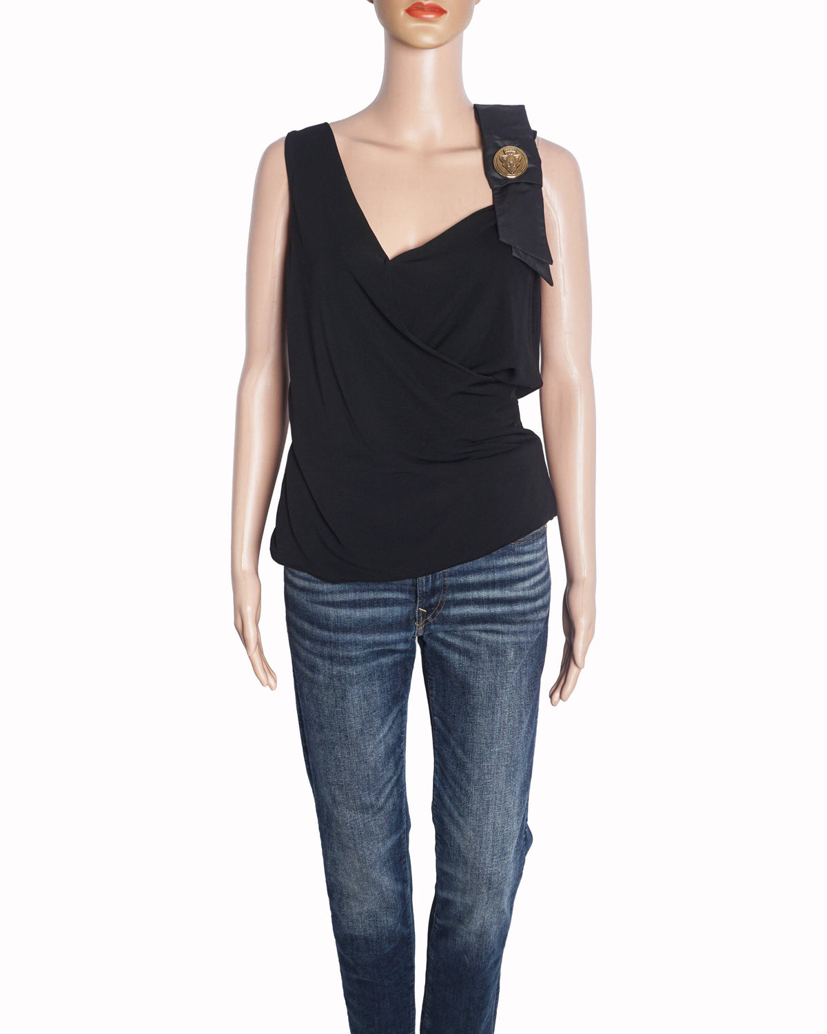 Gucci Black Draped V-Neck Top with Gold Crest