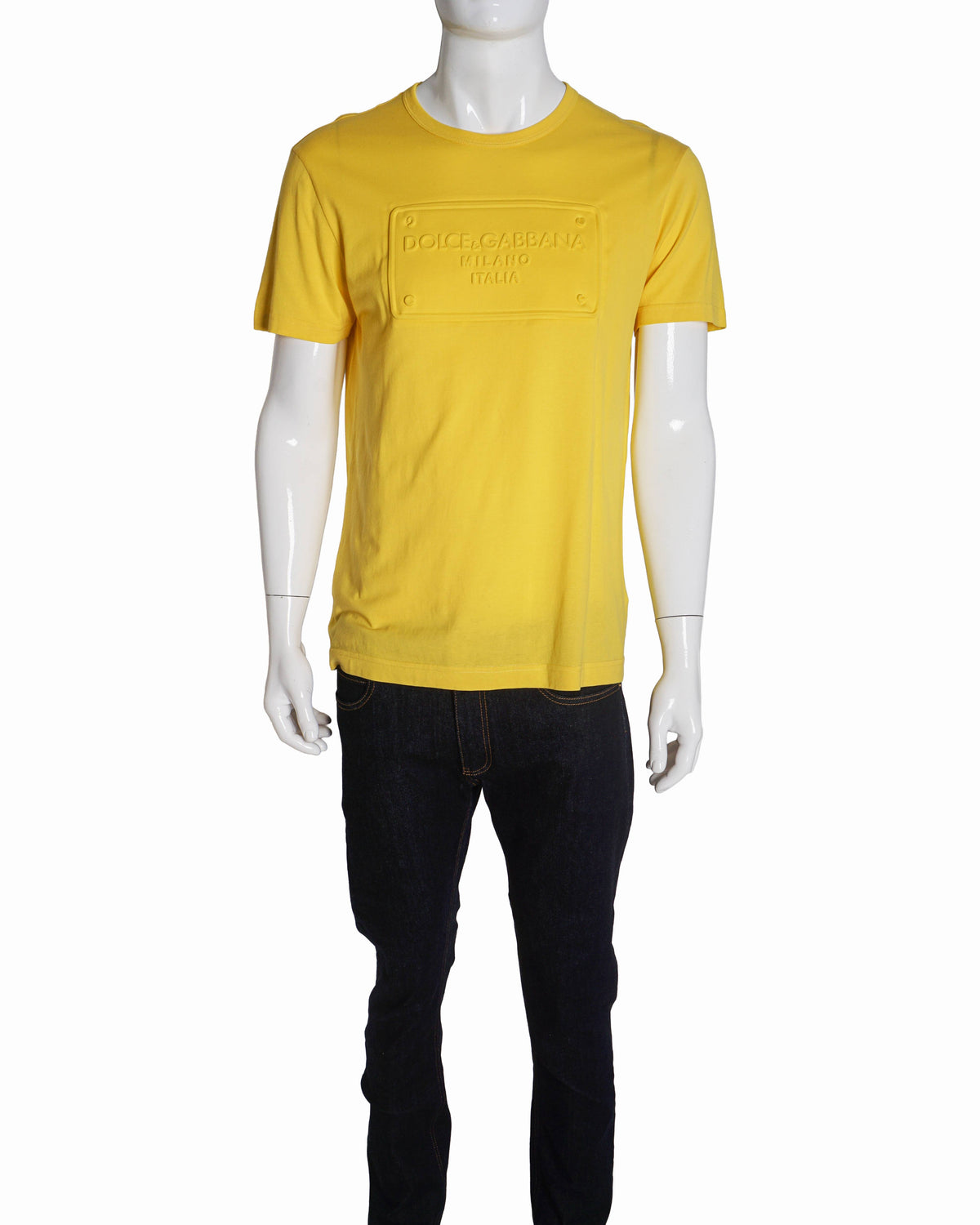 Dolce & Gabbana Yellow Embossed Logo Plaque Cotton T-Shirt