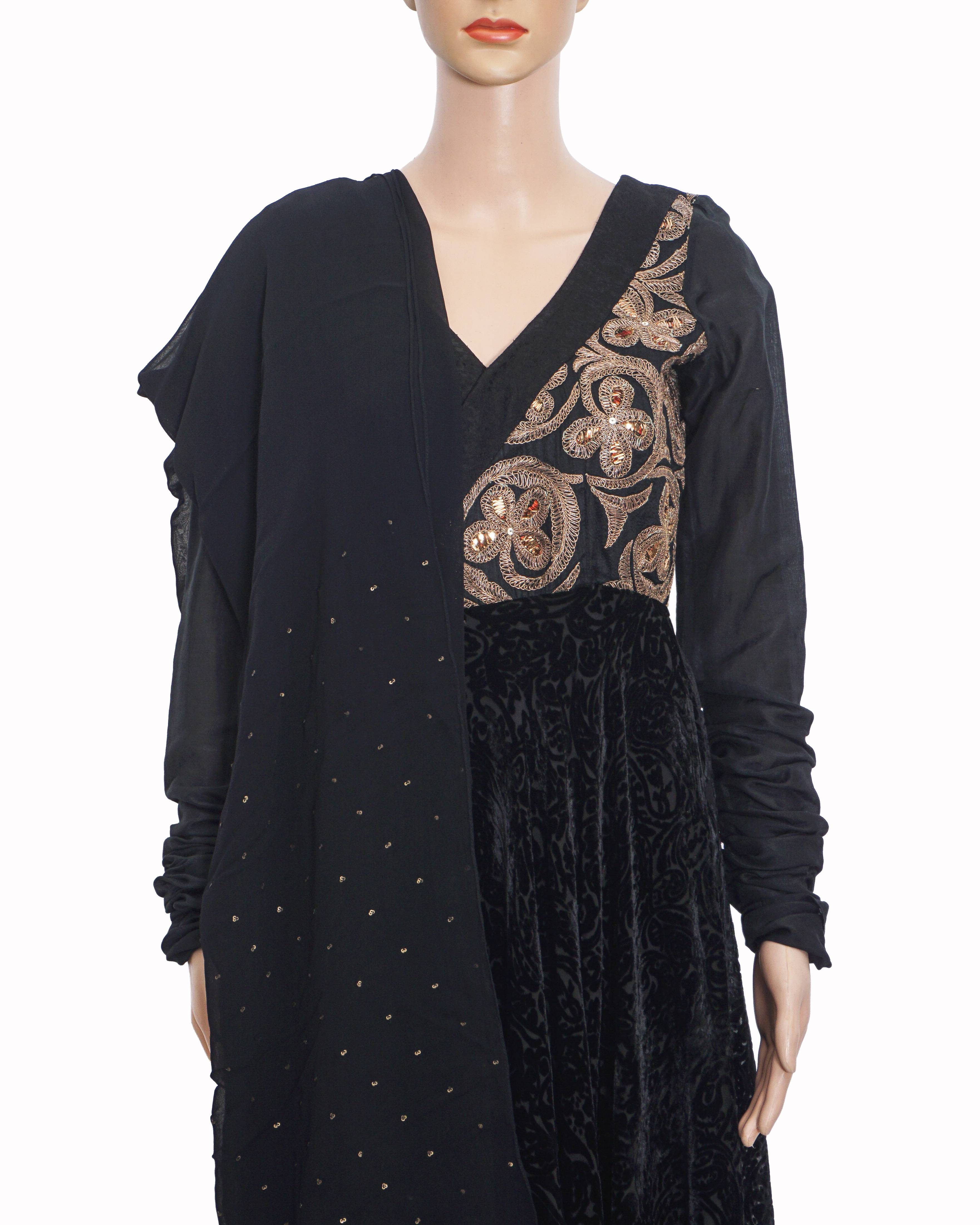 Anamika Khanna Black Velvet & Gold Embroidered Anarkali Set