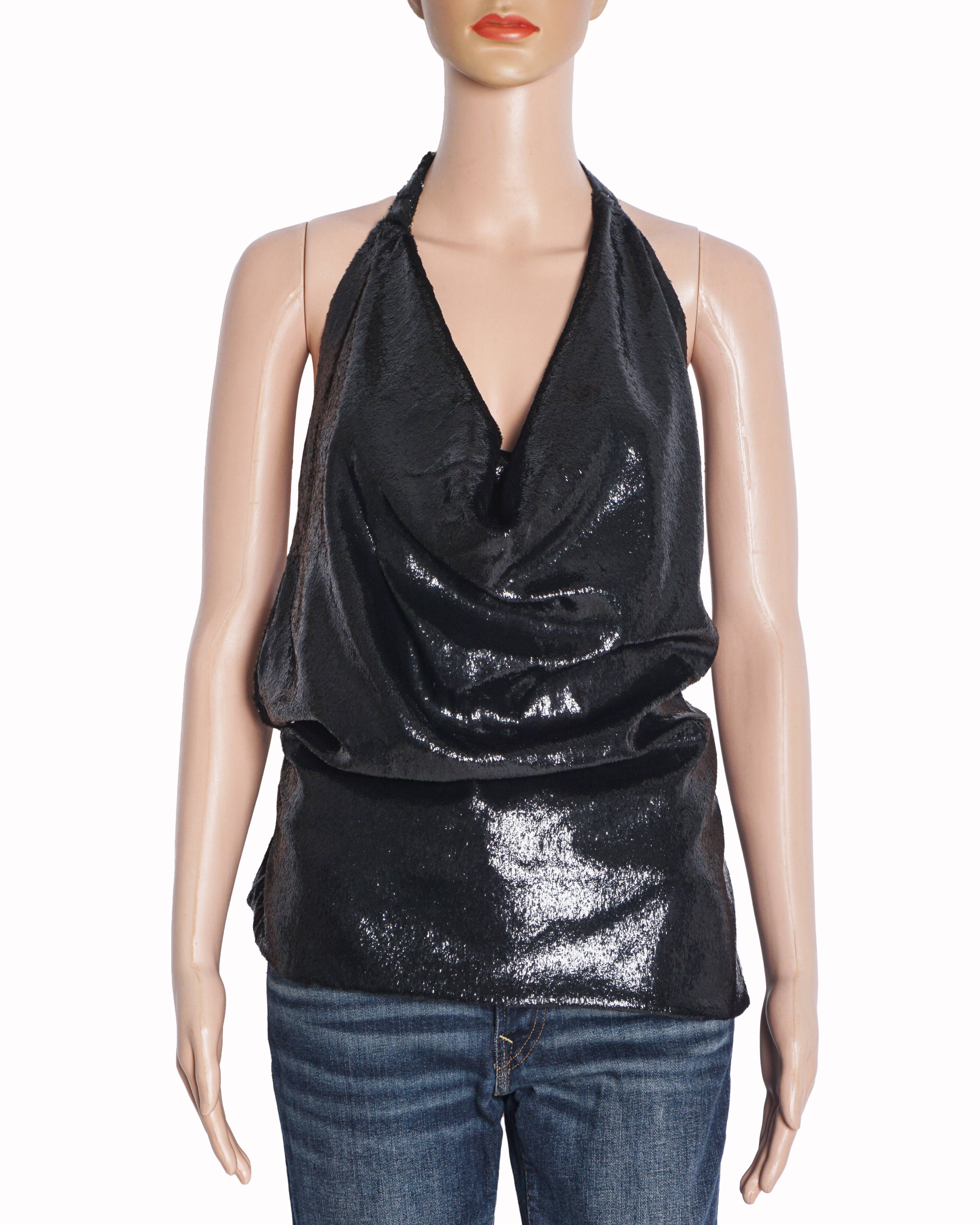 Lanvin Black Liquid Shimmer Draped Halter Top