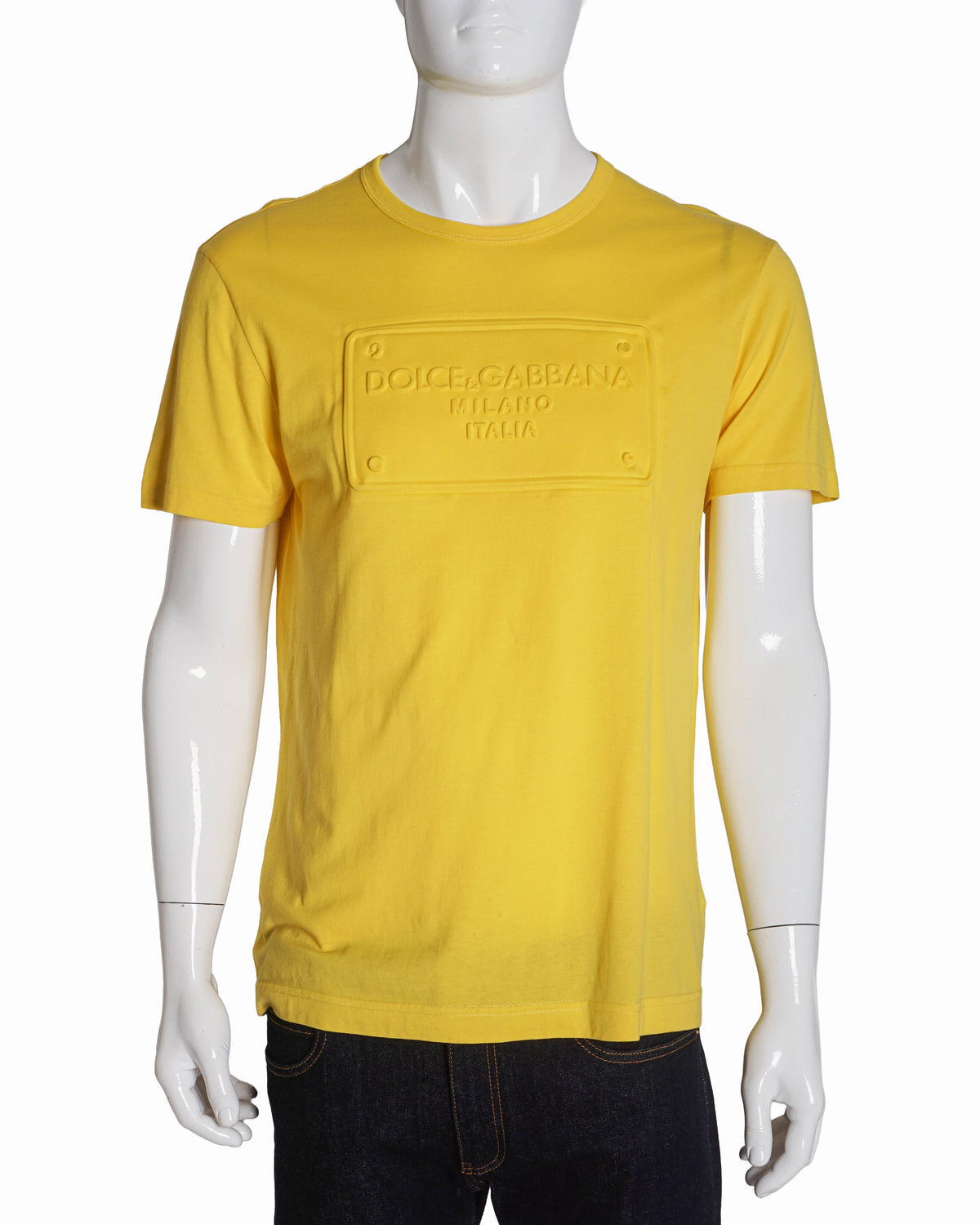 Dolce & Gabbana Yellow Embossed Logo Plaque Cotton T-Shirt