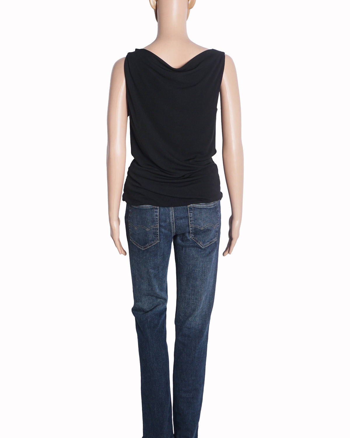 Gucci Black Draped V-Neck Top with Gold Crest