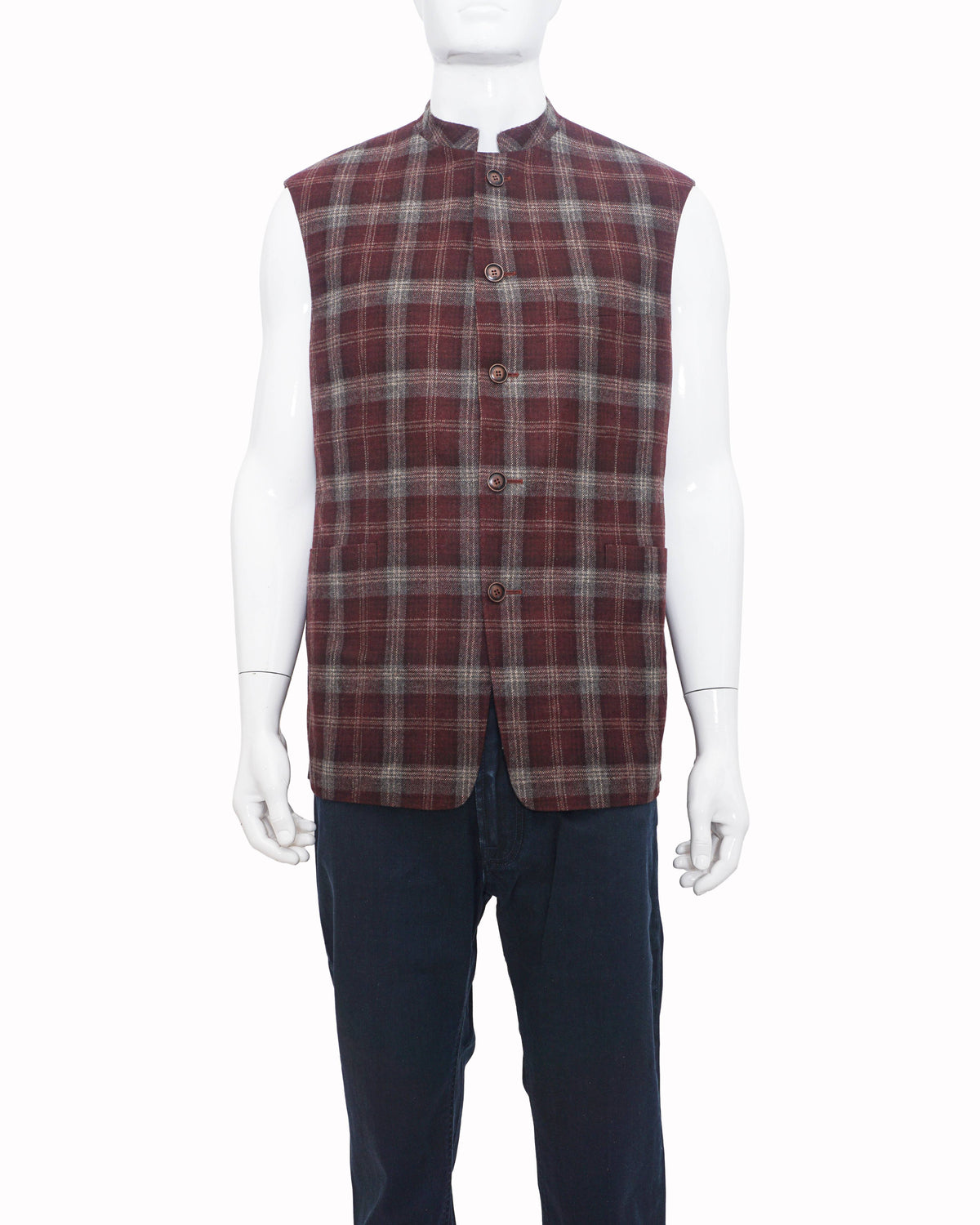 Canali Men's Burgundy Plaid Wool Bundi Nehru Jacket