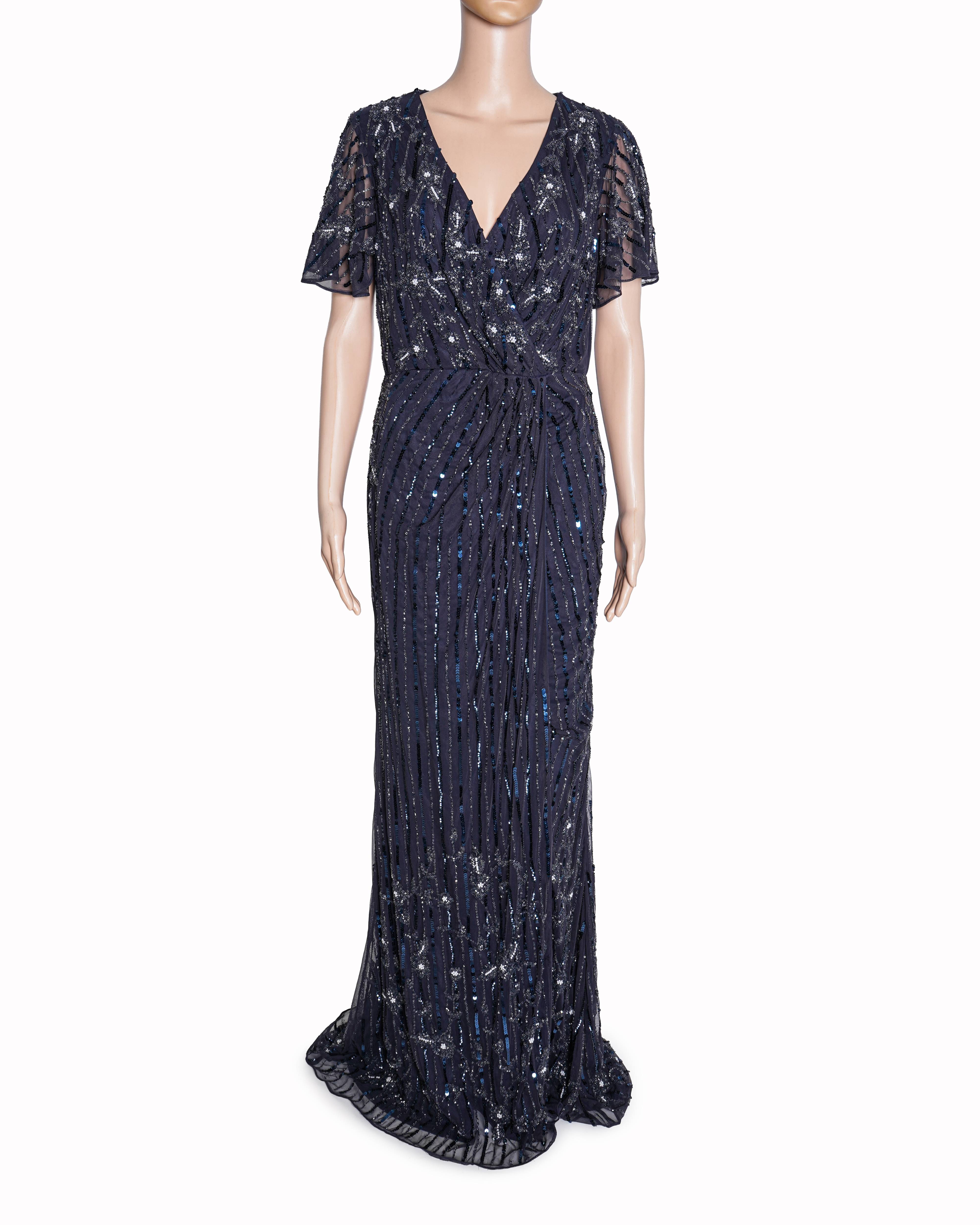 Mac Duggal Sequins Navy Blue Front Slit Dress