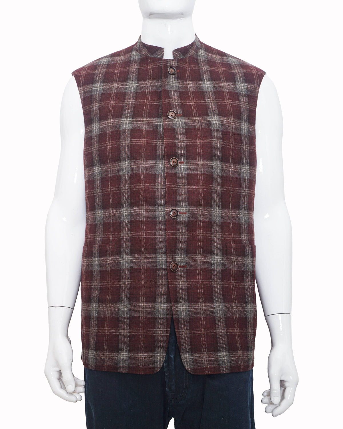 Canali Men's Burgundy Plaid Wool Bundi Nehru Jacket