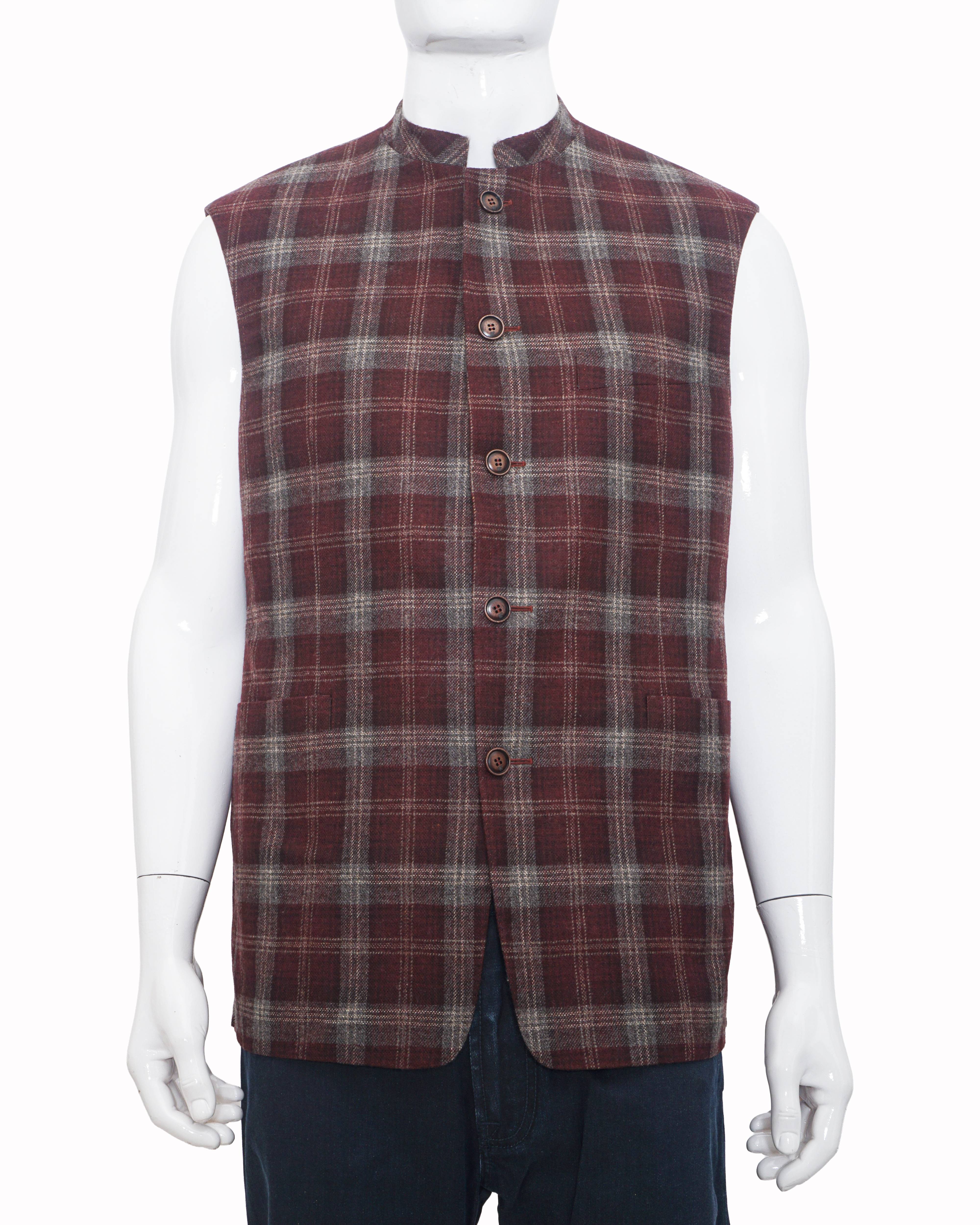 Canali Men's Burgundy Plaid Wool Bundi Nehru Jacket