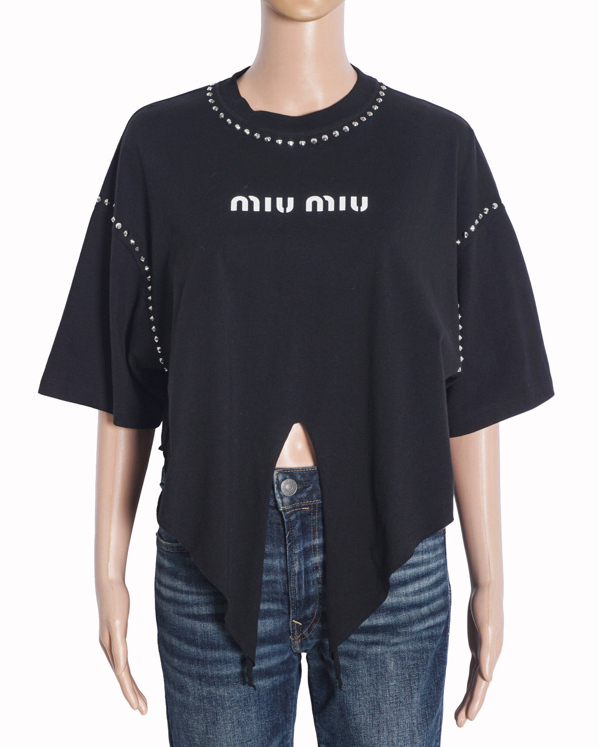 Miu Miu Black Studded Neck Cropped Logo T-Shirt