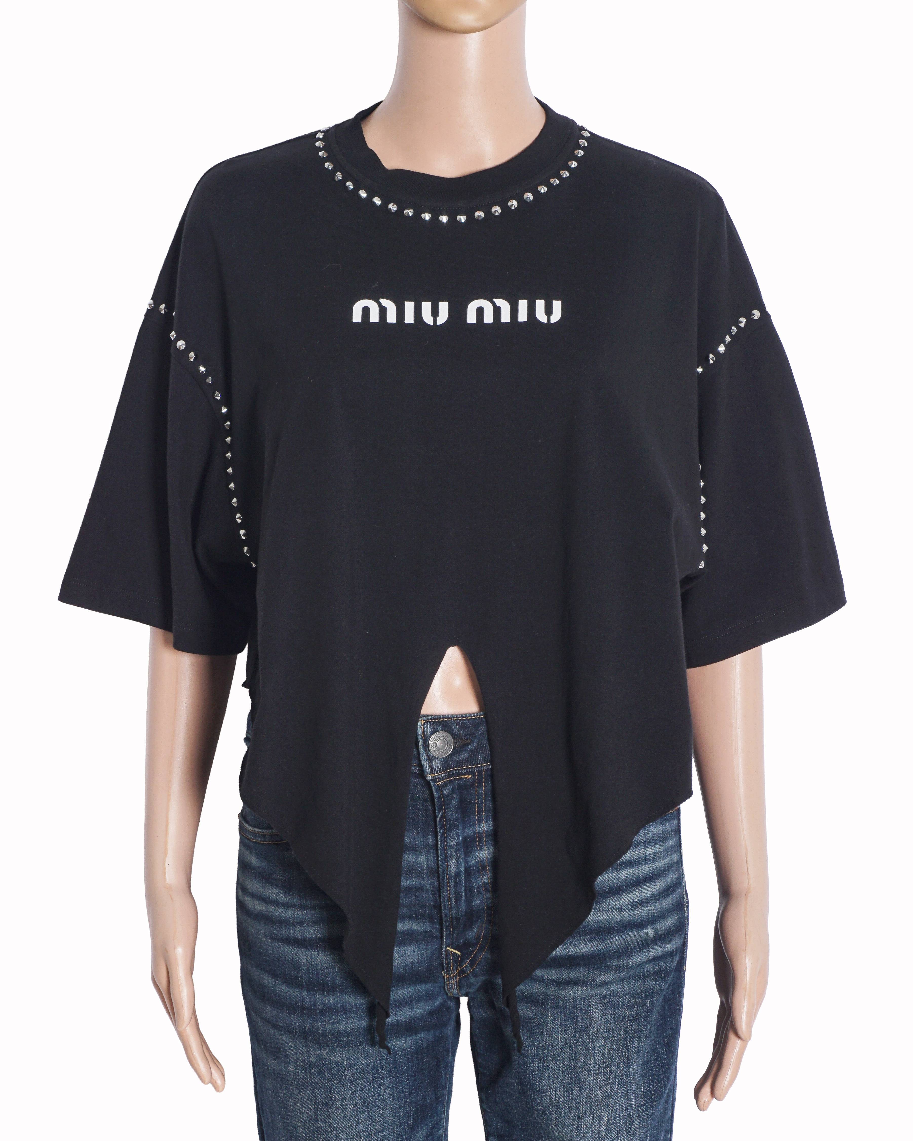 Miu Miu Black Studded Neck Cropped Logo T-Shirt