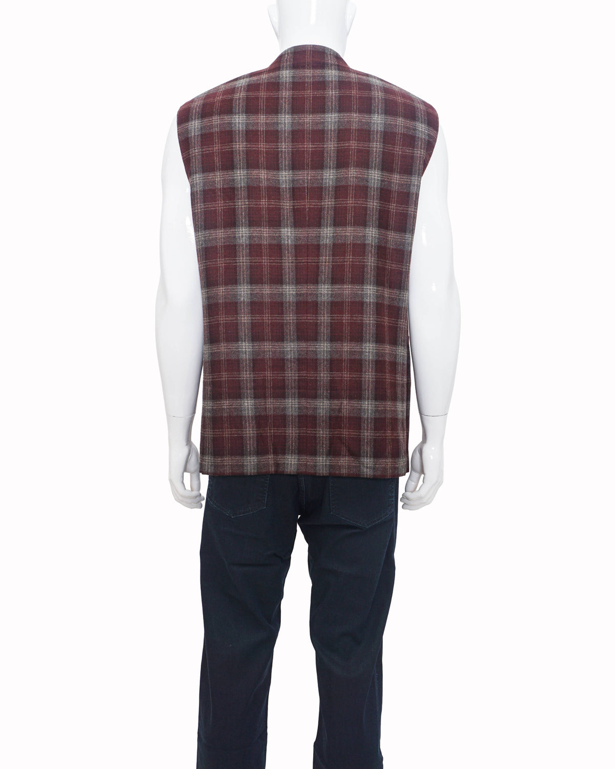 Canali Men's Burgundy Plaid Wool Bundi Nehru Jacket