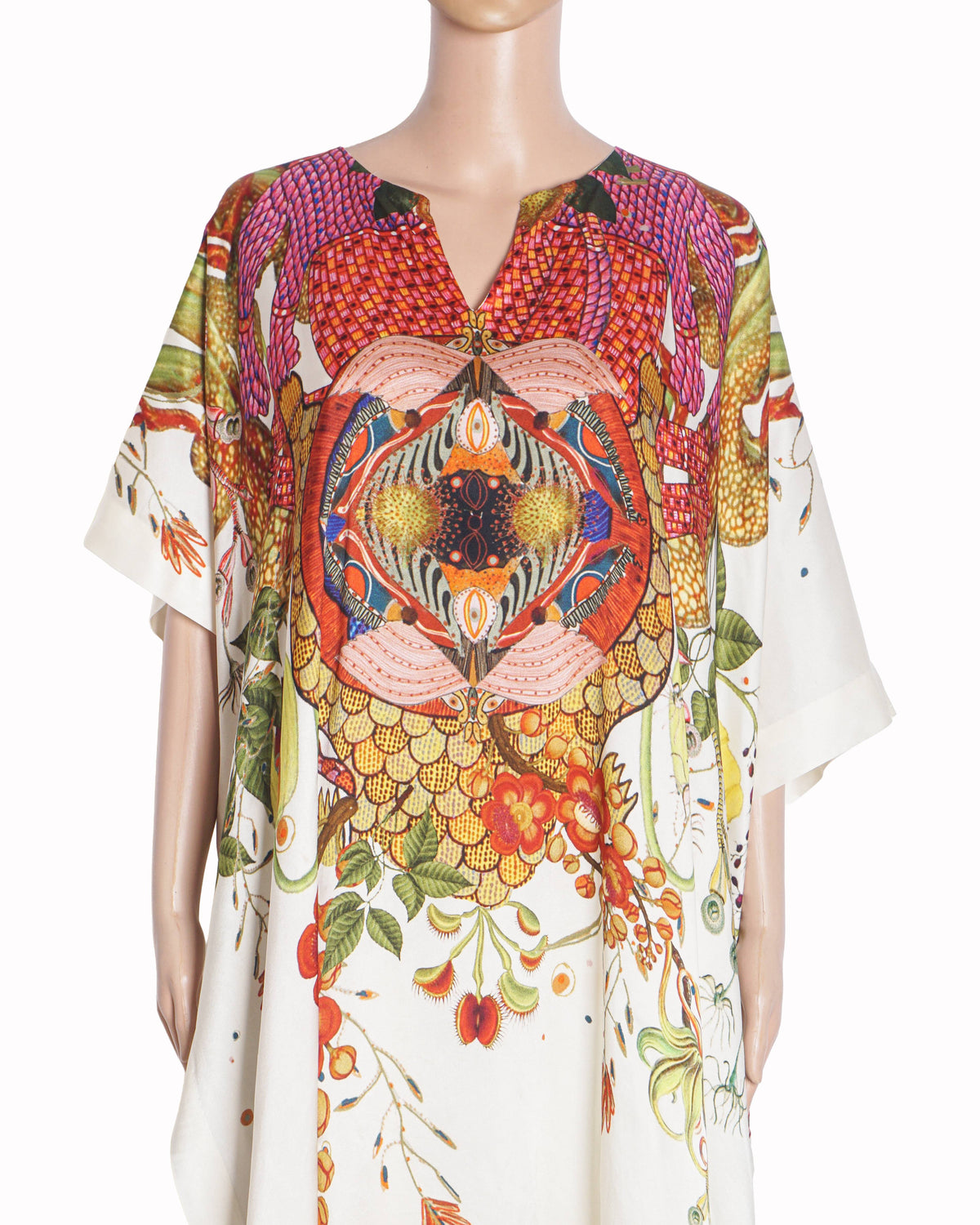 AK-OK White Printed Silk Kaftan Set