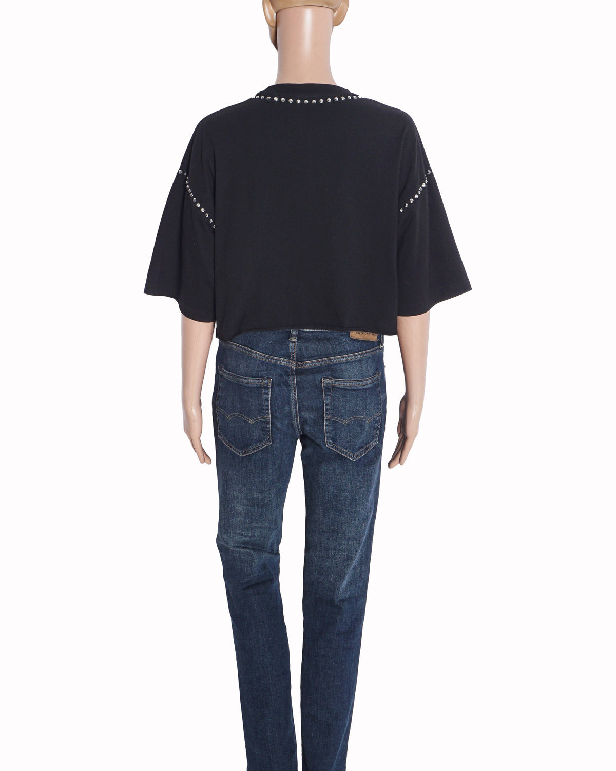 Miu Miu Black Studded Neck Cropped Logo T-Shirt