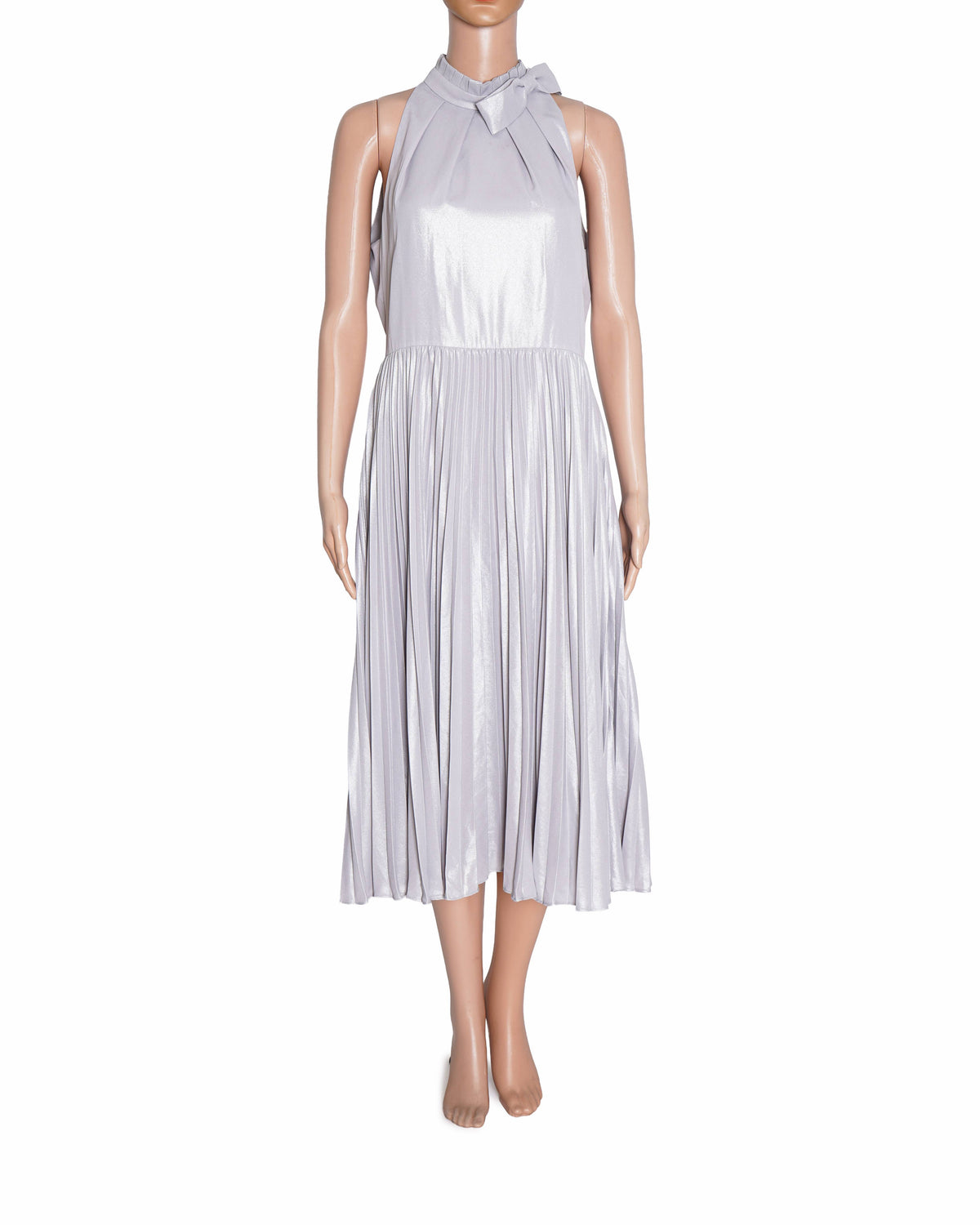 Ted Baker Oliver Silver Grey High Neck Pleated Dress Bow Metallic