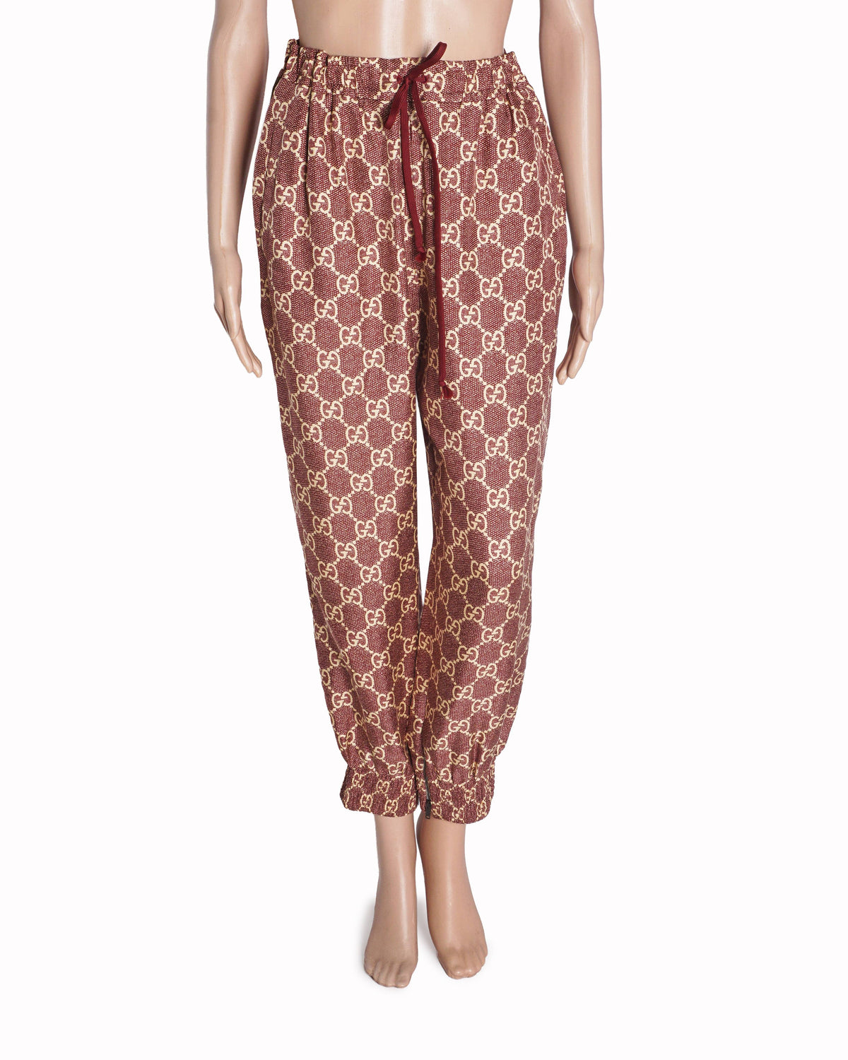 Gucci Burgundy GG Print Silk Side Tape Trimmed Joggers