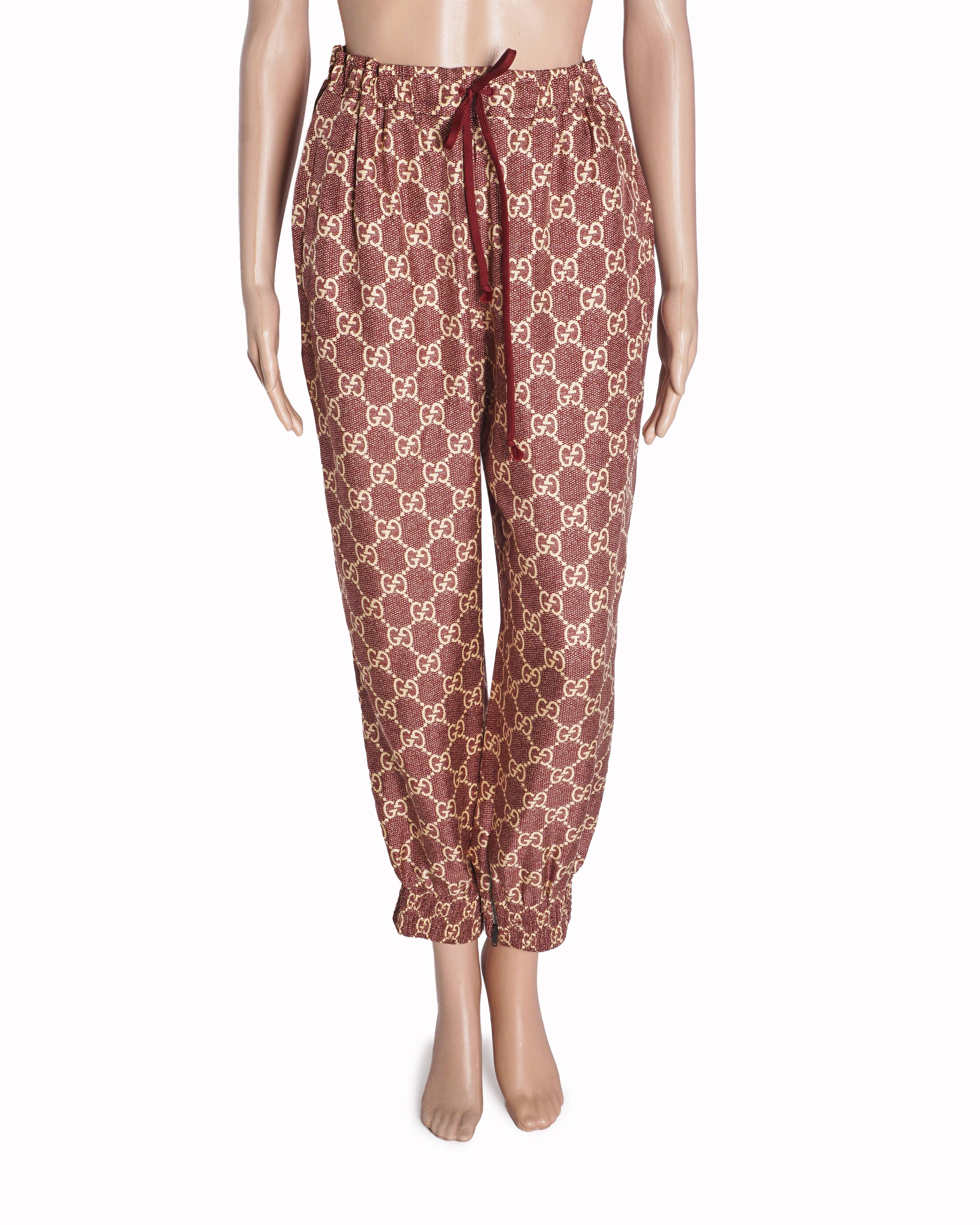 Gucci Burgundy GG Print Silk Side Tape Trimmed Joggers