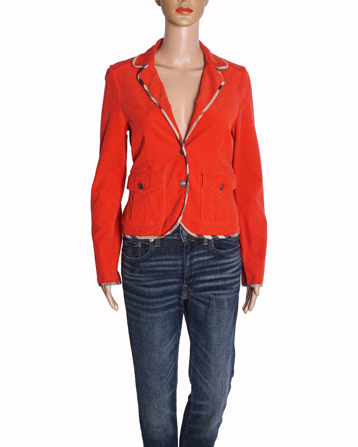 Burberry Red Corduroy Nova Check Trimmed Blazer
