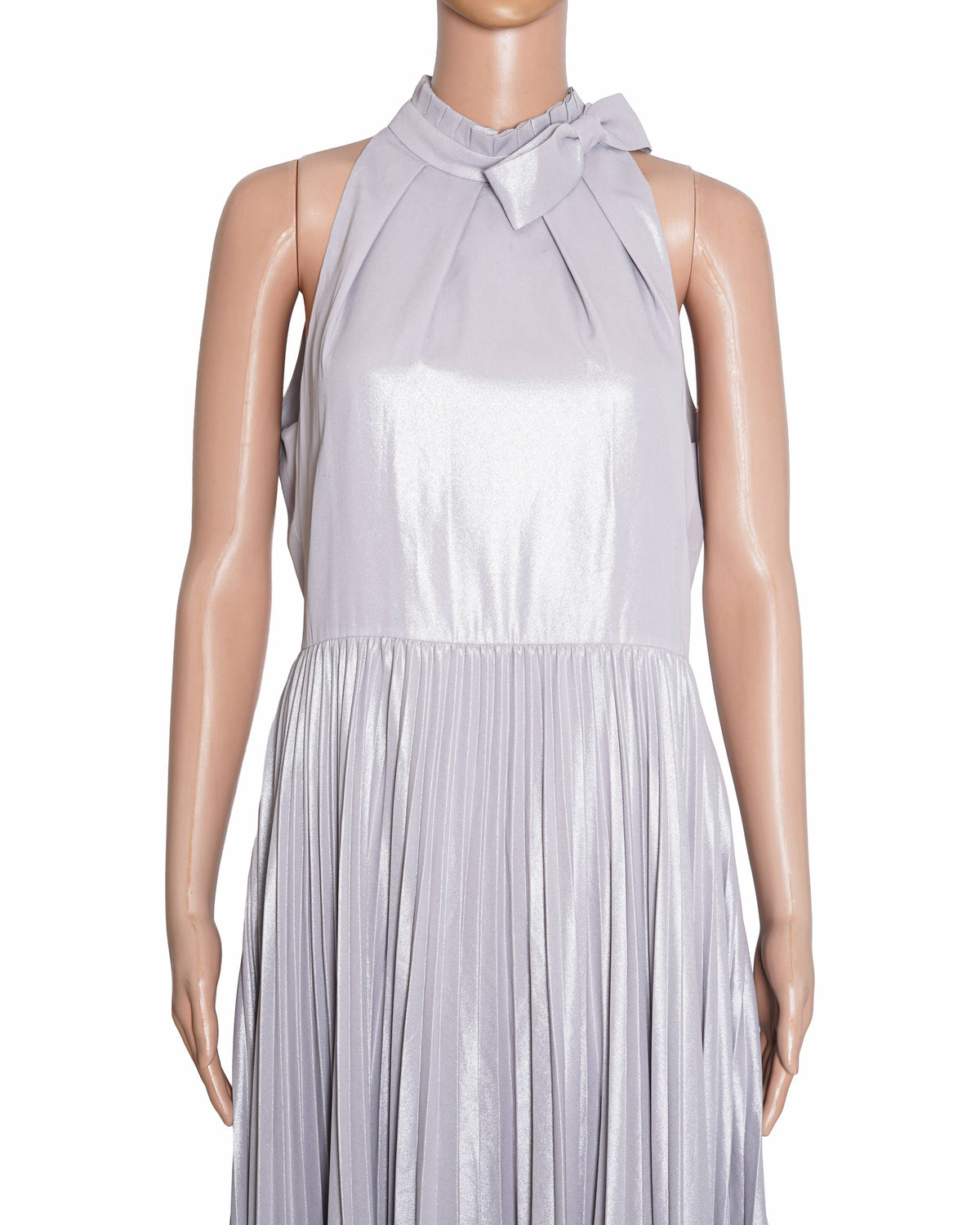 Ted Baker Oliver Silver Grey High Neck Pleated Dress Bow Metallic