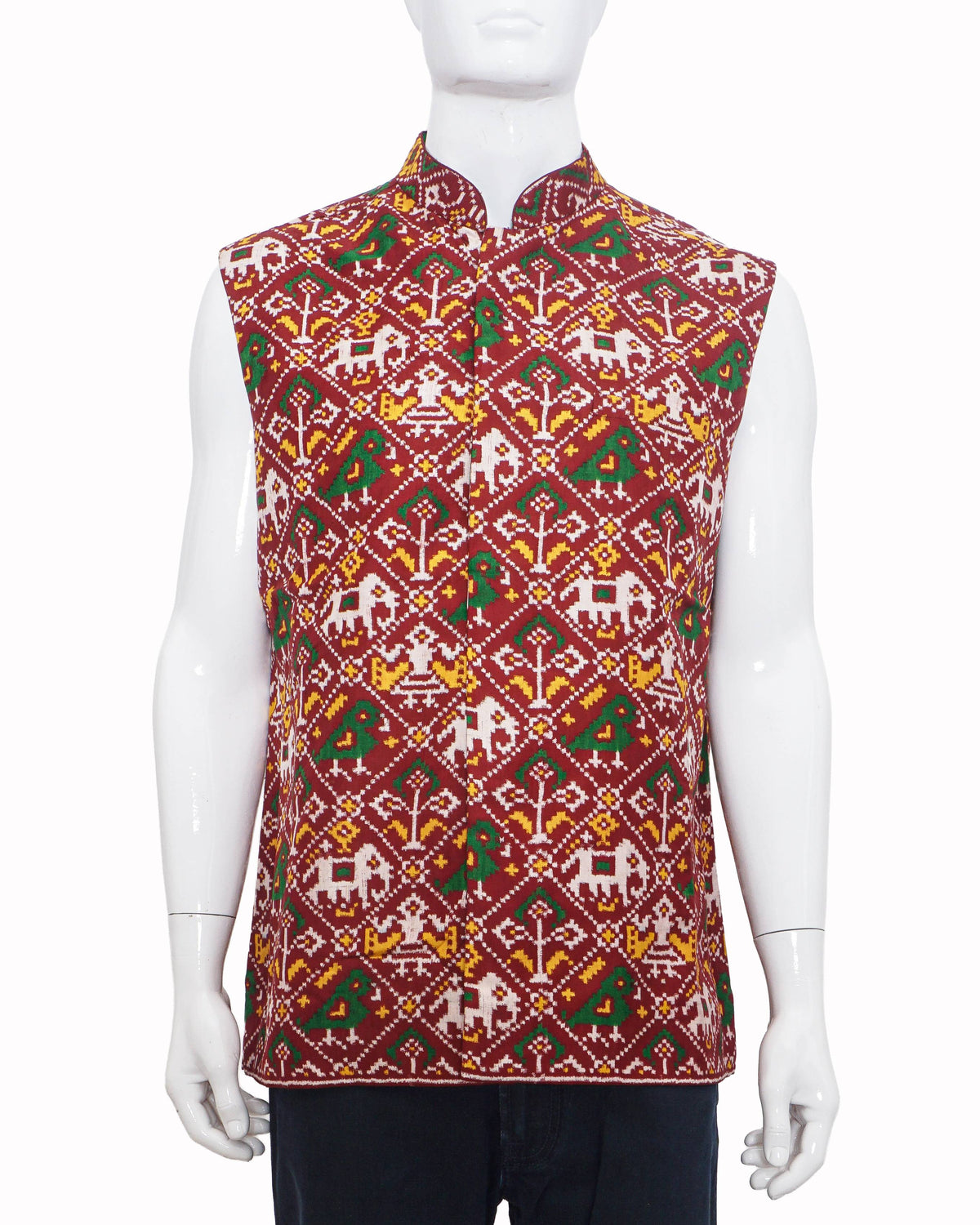 Gaurang Patan Patola Silk Red Handloom Men's Bundi Jacket