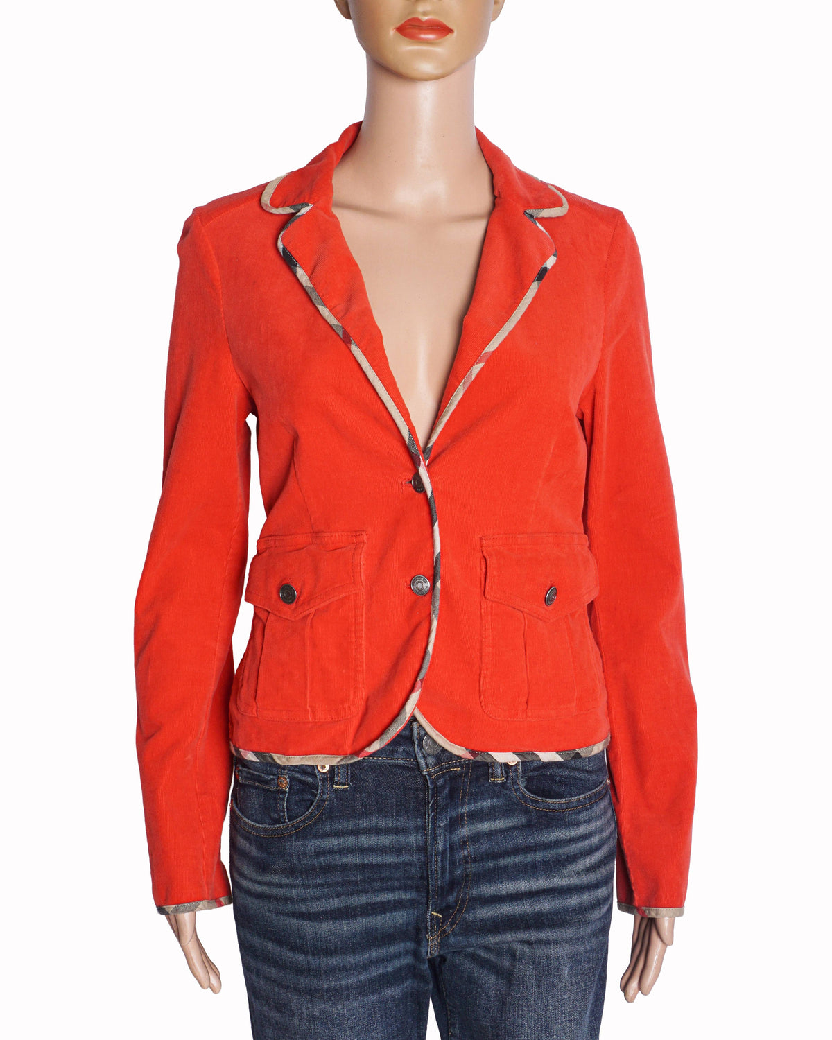 Burberry Red Corduroy Nova Check Trimmed Blazer