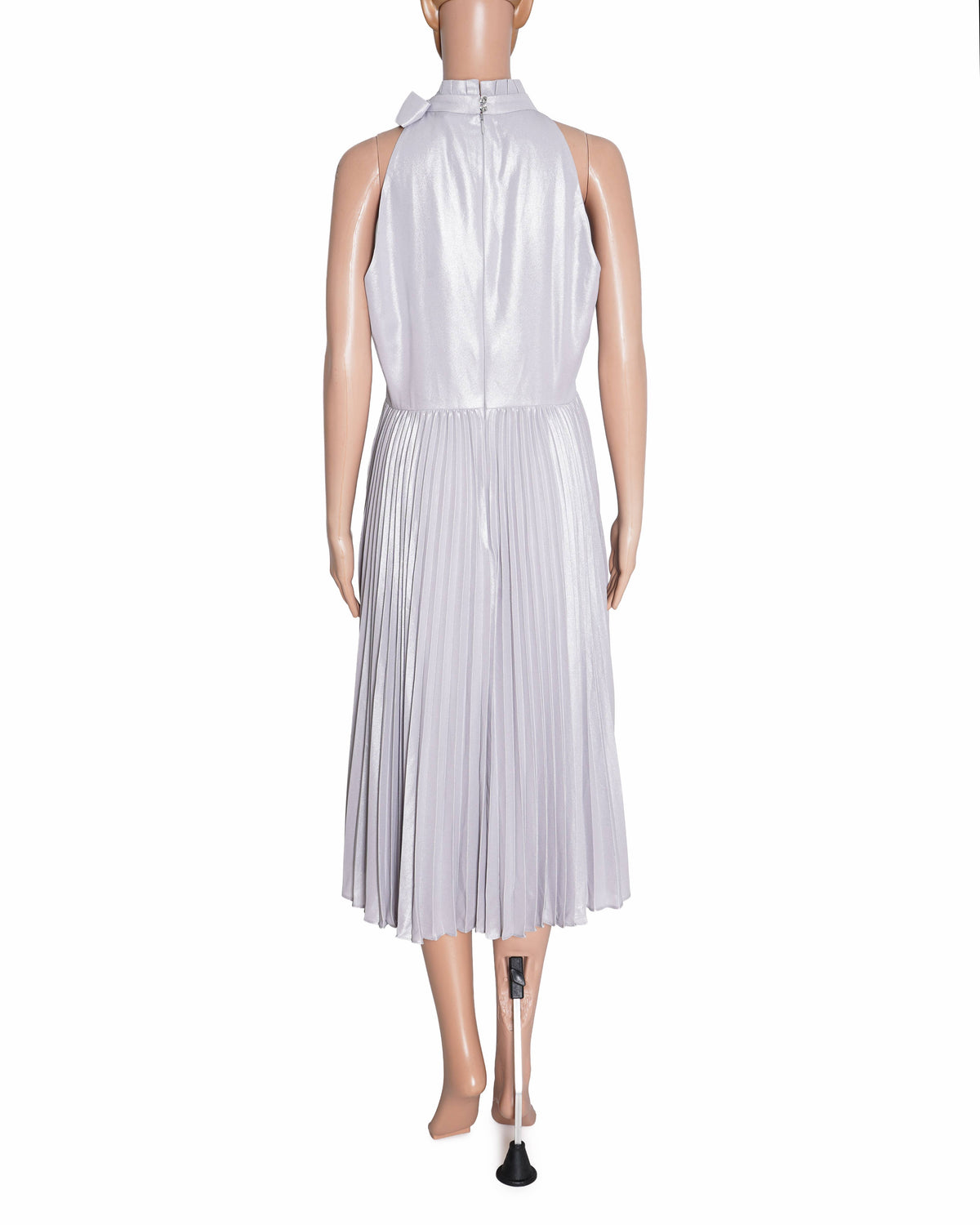 Ted Baker Oliver Silver Grey High Neck Pleated Dress Bow Metallic