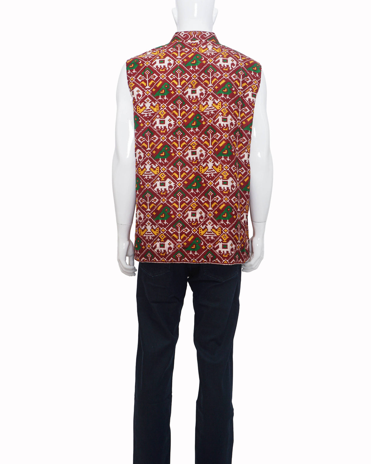 Gaurang Patan Patola Silk Red Handloom Men's Bundi Jacket