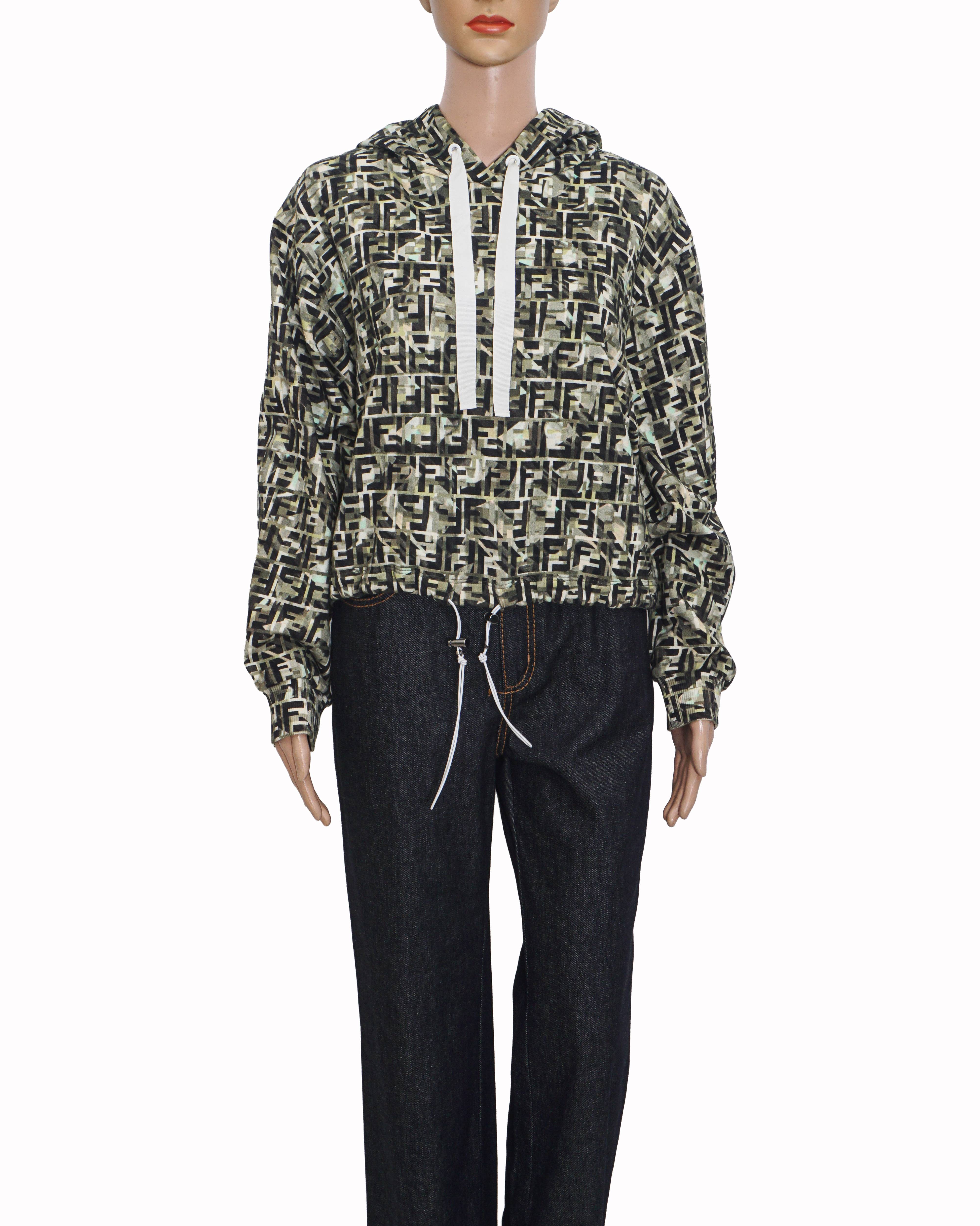 Fendi Camouflage All-Over FF Monogram Cropped Drawstring Hoodie