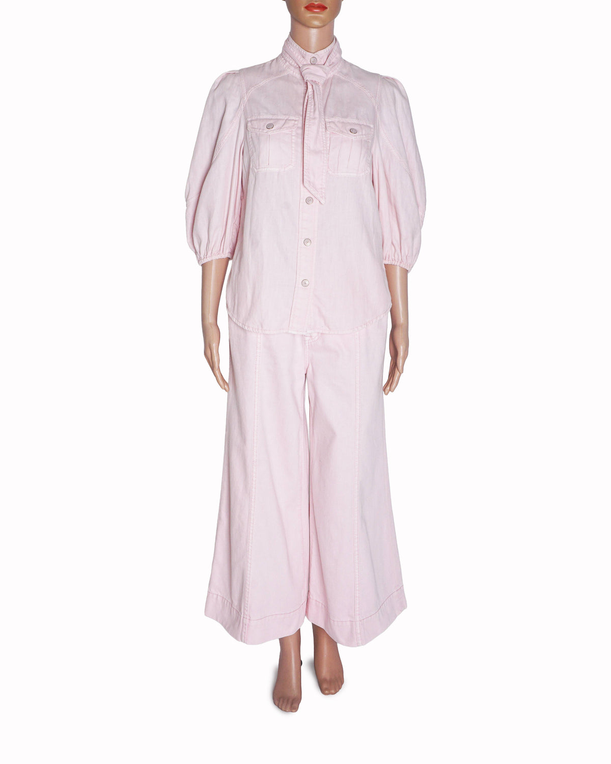 Zimmermann Pastel Pink Denim Blouse & Wide-Leg Cropped Jeans Set