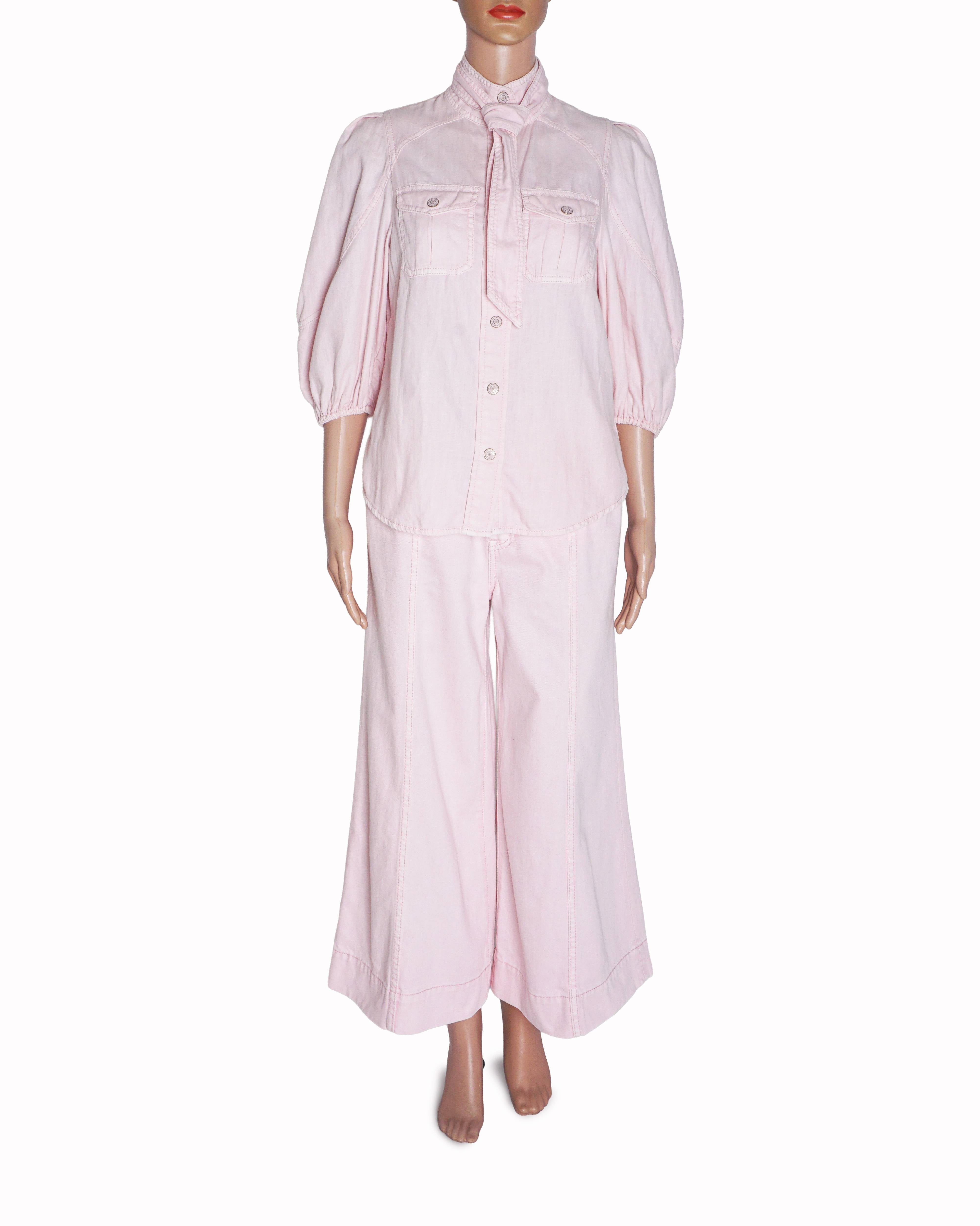 Zimmermann Pastel Pink Denim Blouse & Wide-Leg Cropped Jeans Set
