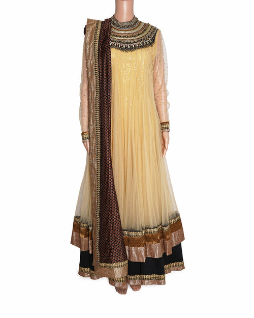 New Ritu Kumar Golden-Yellow Embellished Jeweled Neckline Long Dress