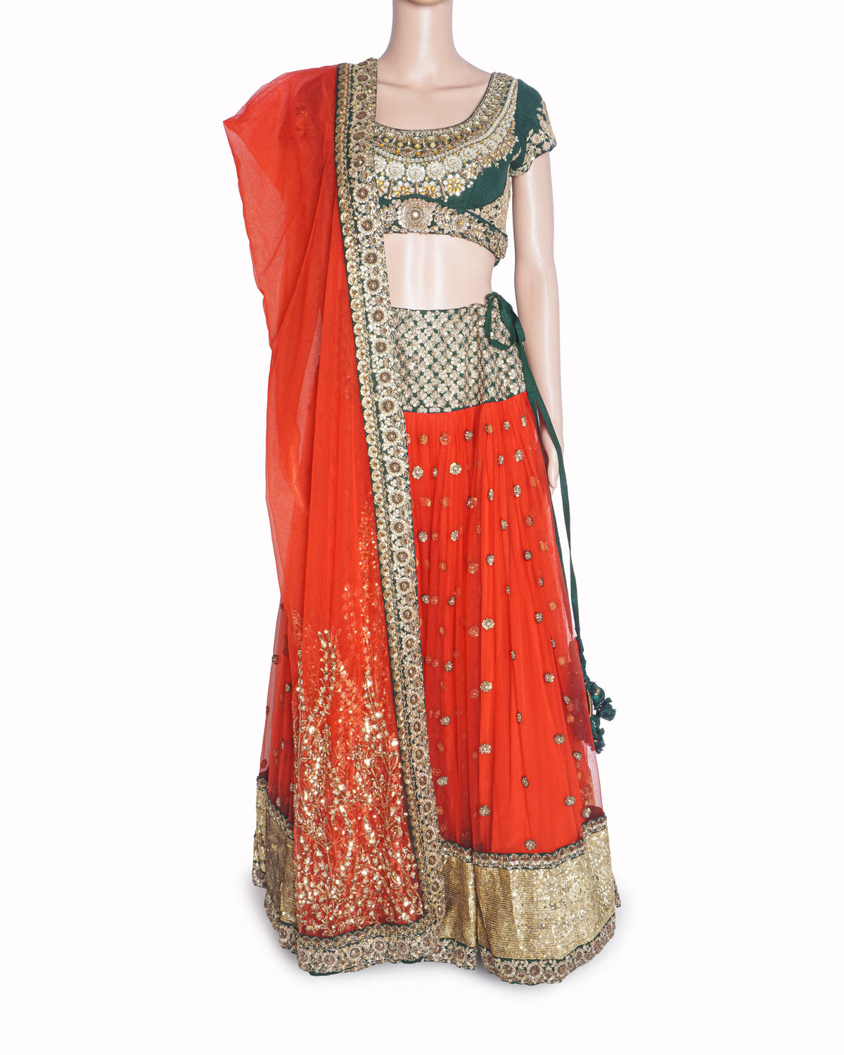 Sabyasachi Red & Emerald Green Embroidered Lehenga Set
