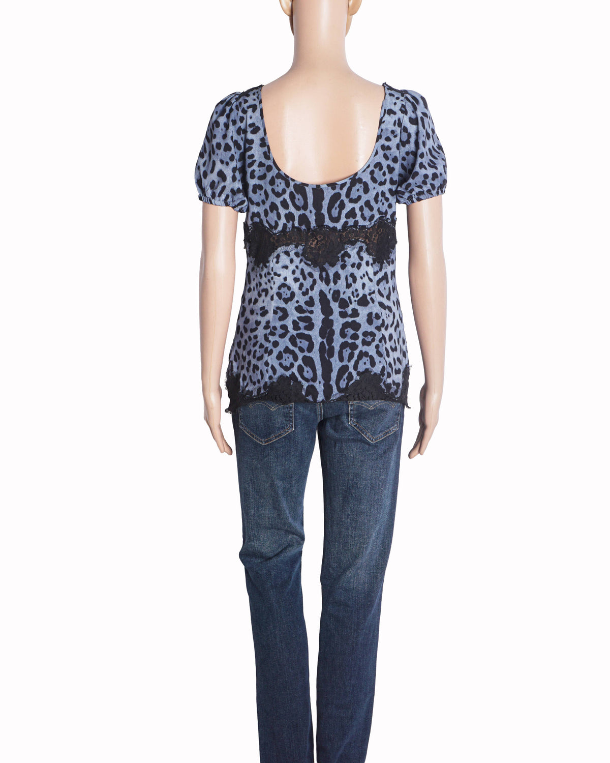 Dolce & Gabbana Blue Leopard Print Lace Trim Top