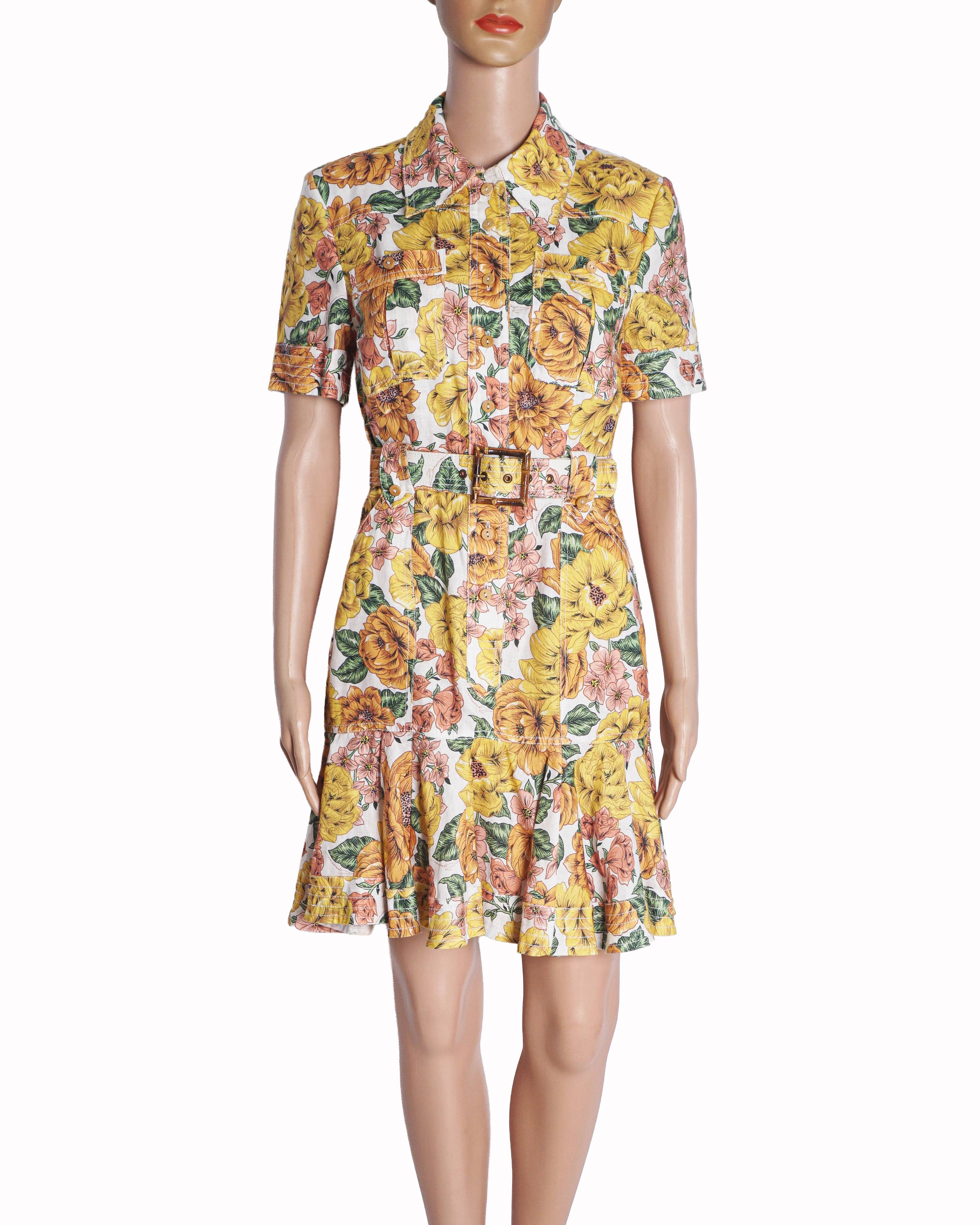 Zimmermann Yellow Floral Poppy Belted Linen Mini Dress