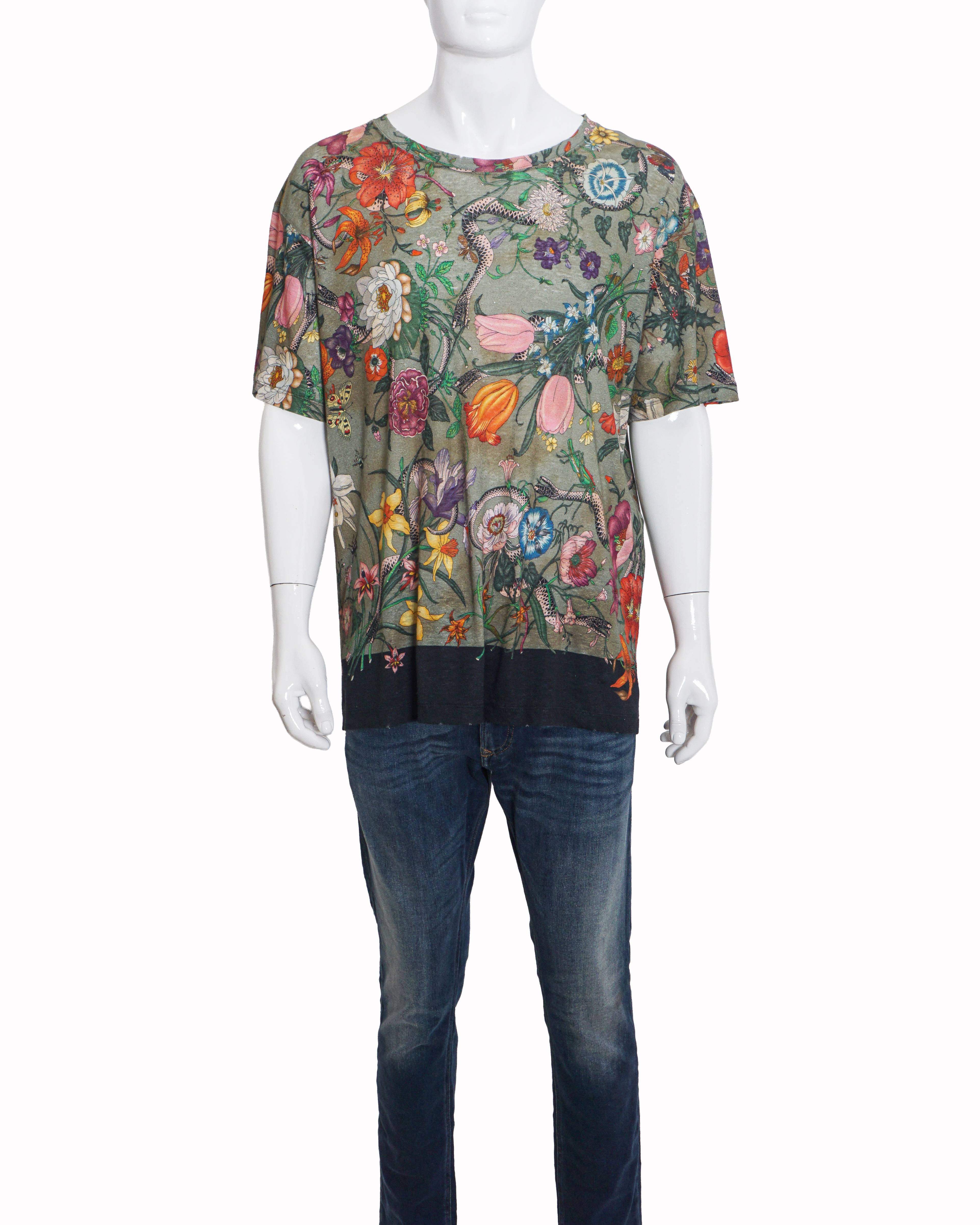 Gucci Olive Green Floral & Kingsnake Print Men's T-Shirt