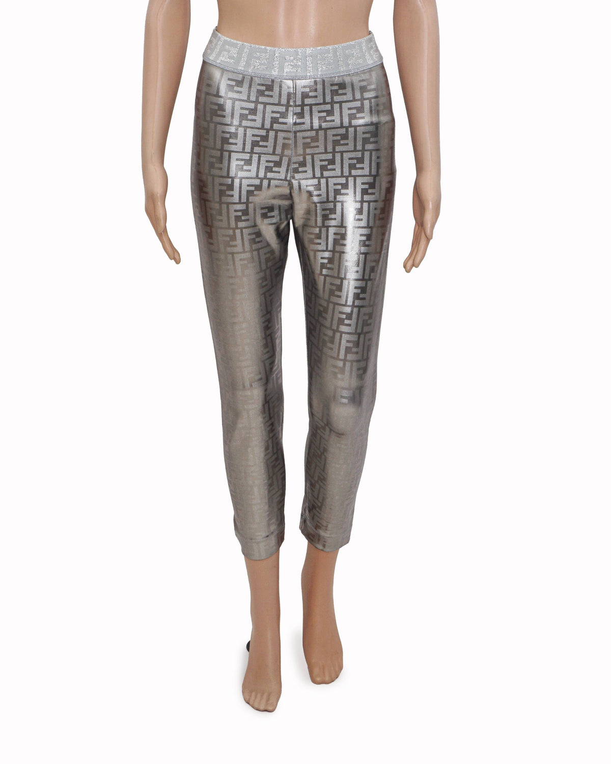 Fendi Metallic Silver All-Over FF Monogram Stretch Leggings