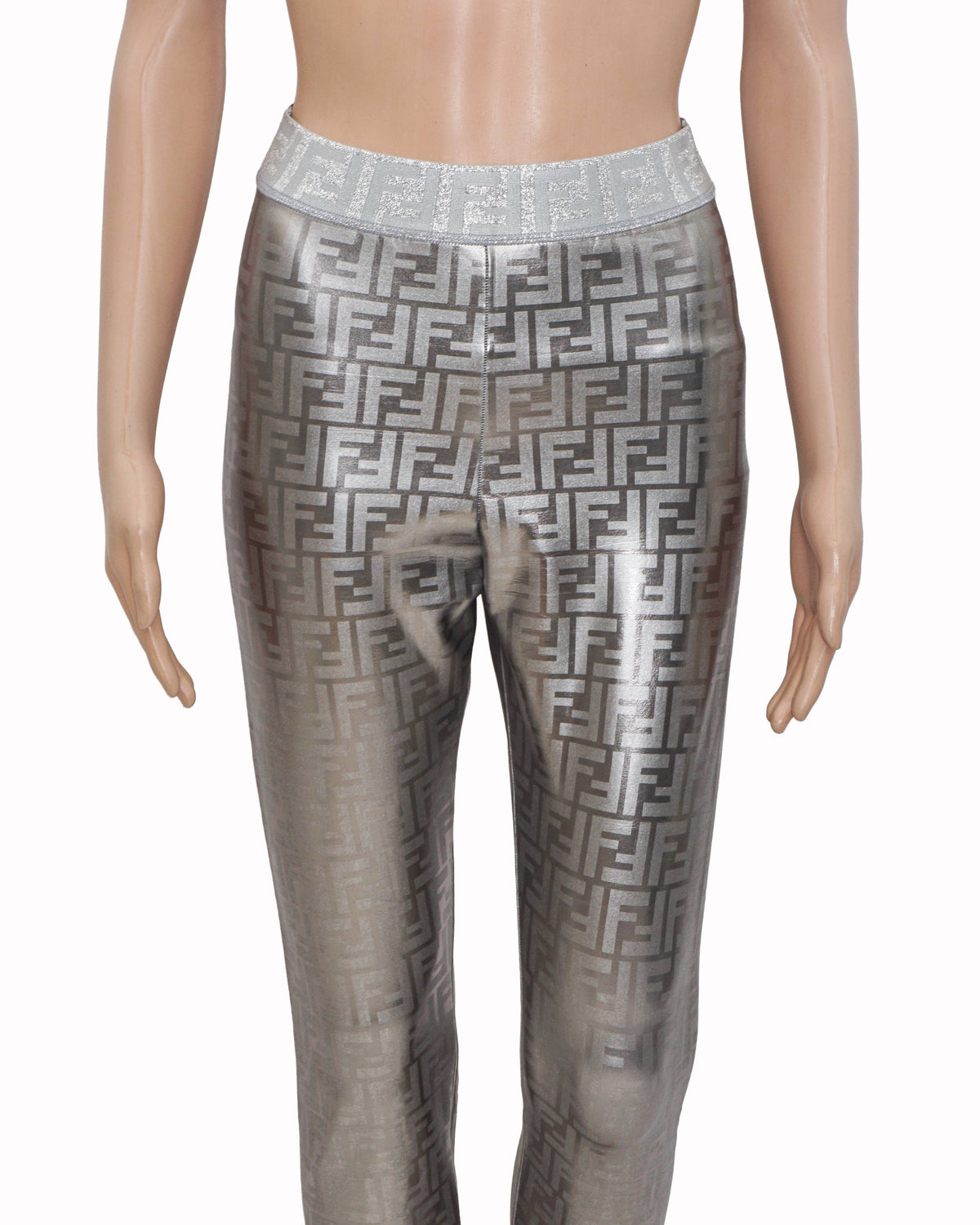 Fendi Metallic Silver All-Over FF Monogram Stretch Leggings