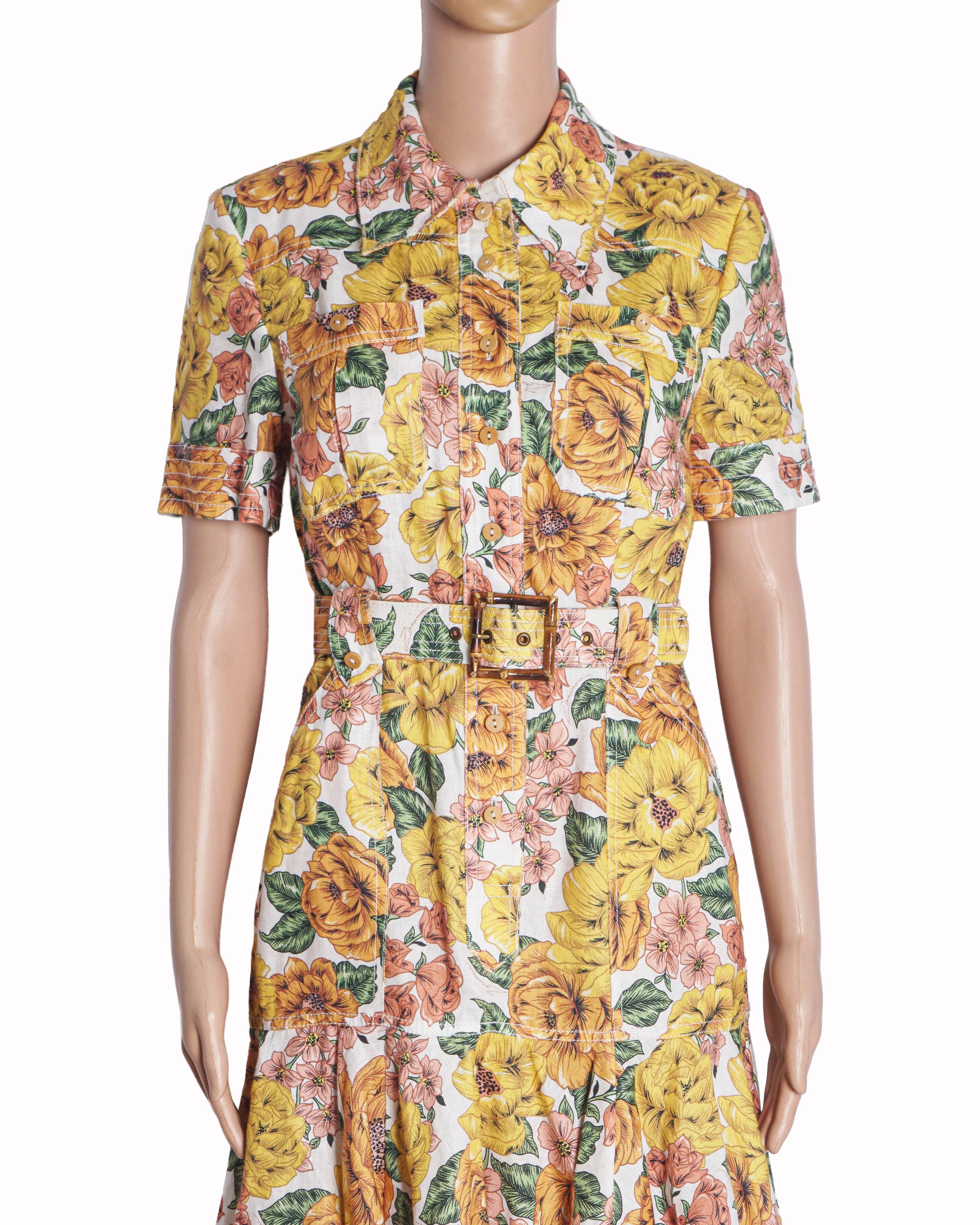 Zimmermann Yellow Floral Poppy Belted Linen Mini Dress