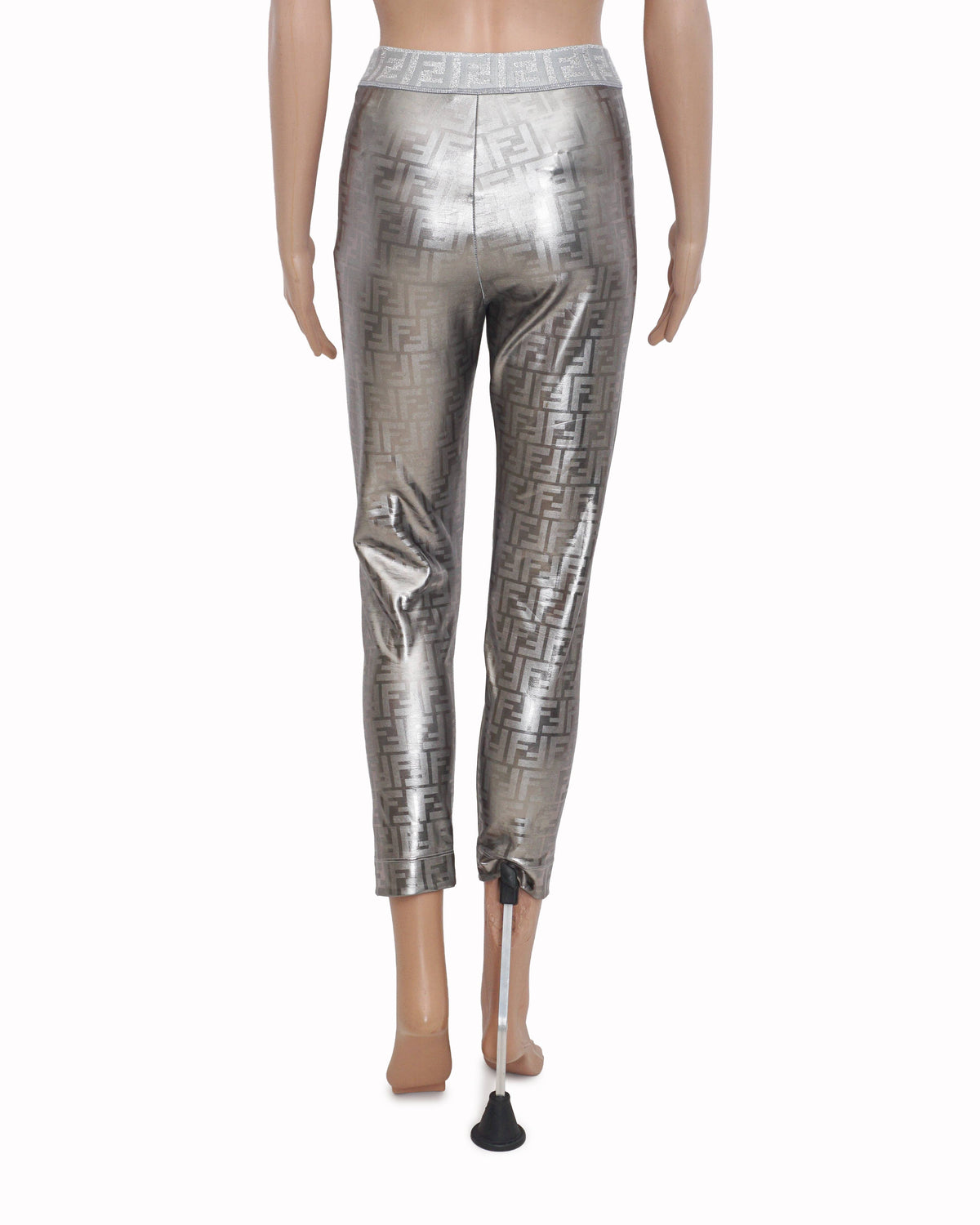 Fendi Metallic Silver All-Over FF Monogram Stretch Leggings