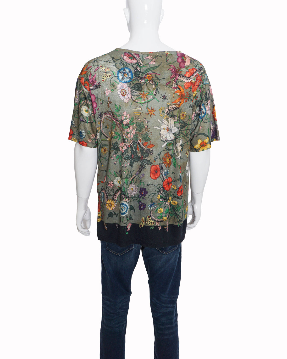 Gucci Olive Green Floral & Kingsnake Print Men's T-Shirt