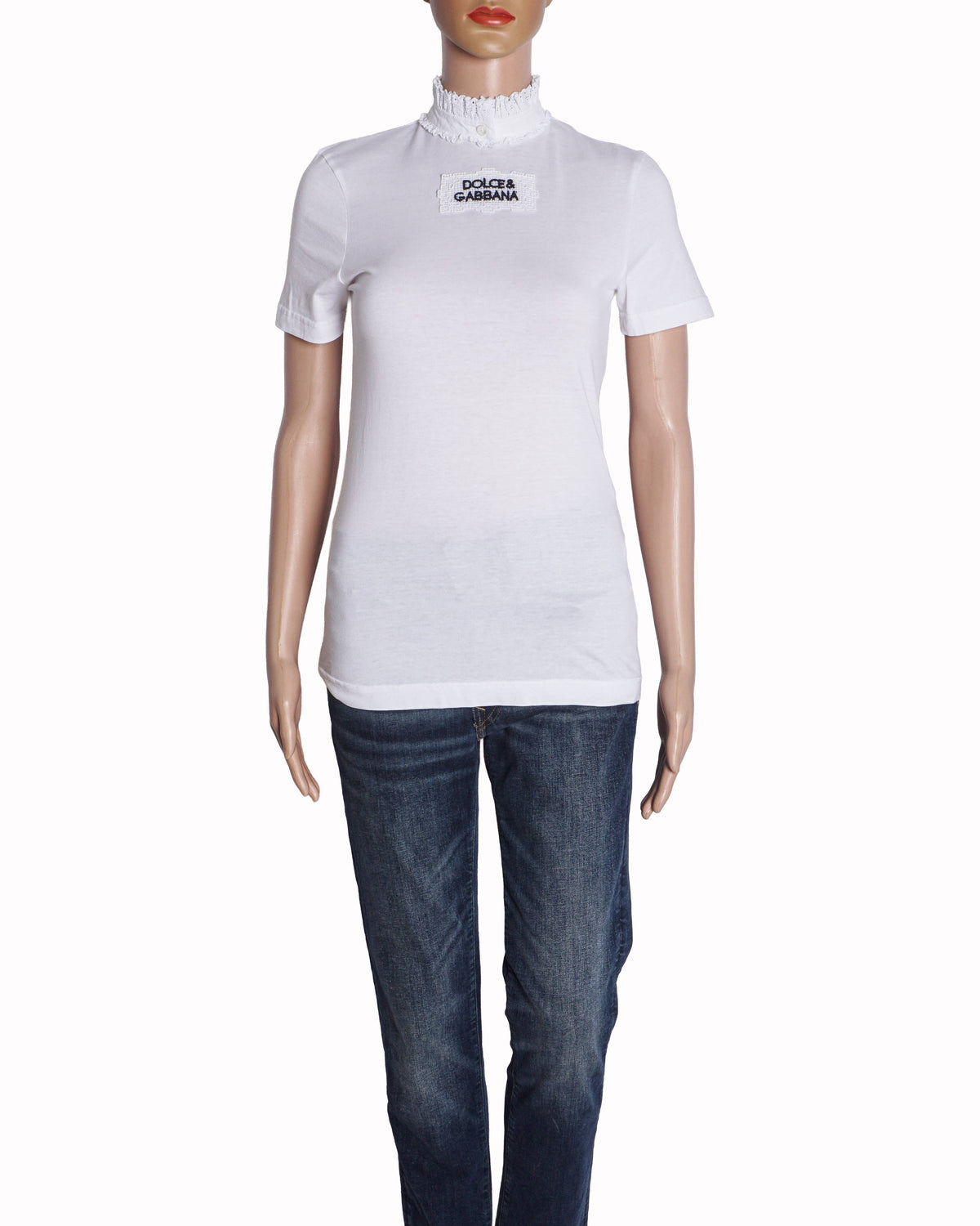 Dolce & Gabbana White Cotton T-Shirt with Lace Collar & Embroidered Logo