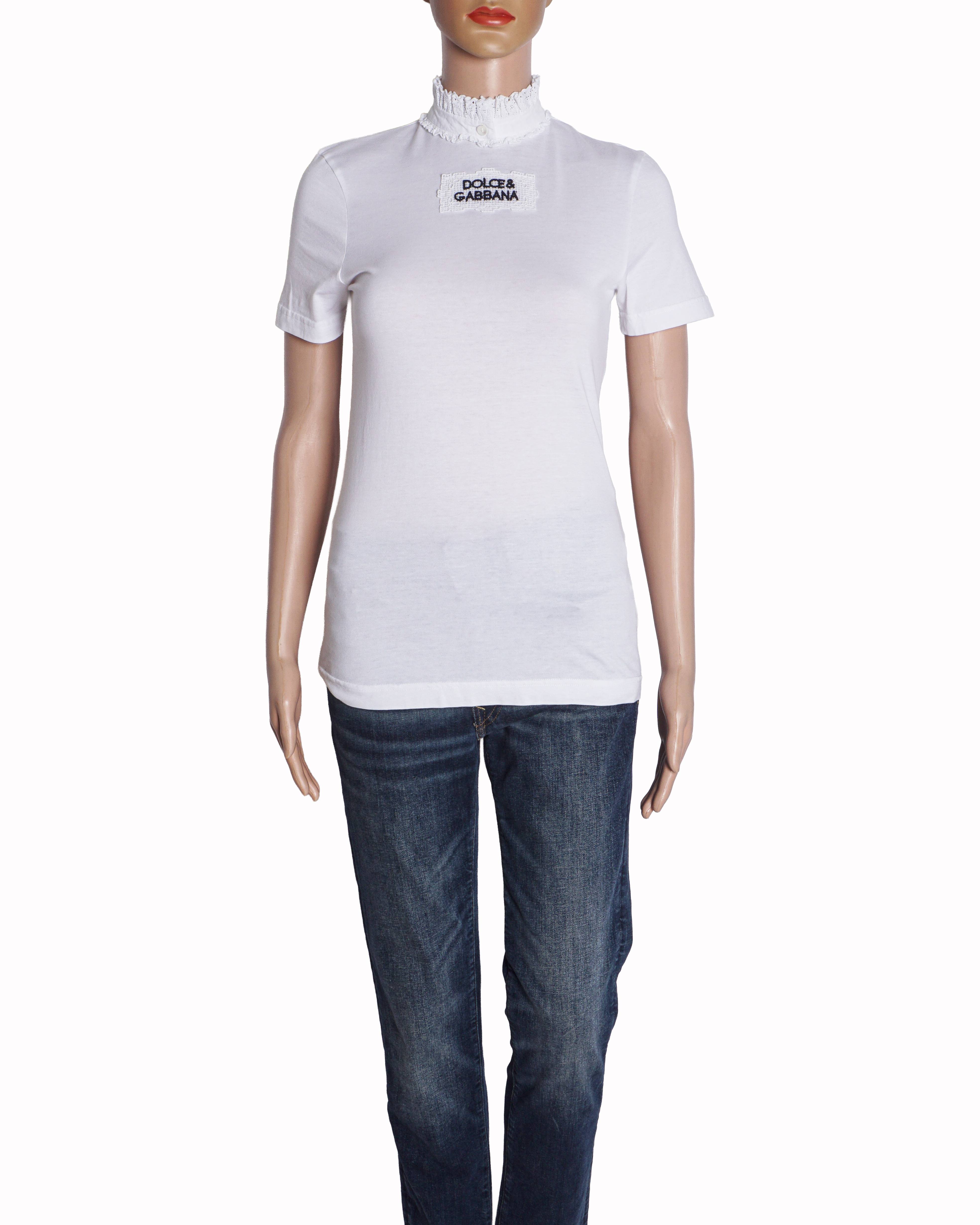 Dolce & Gabbana White Cotton T-Shirt with Lace Collar & Embroidered Logo