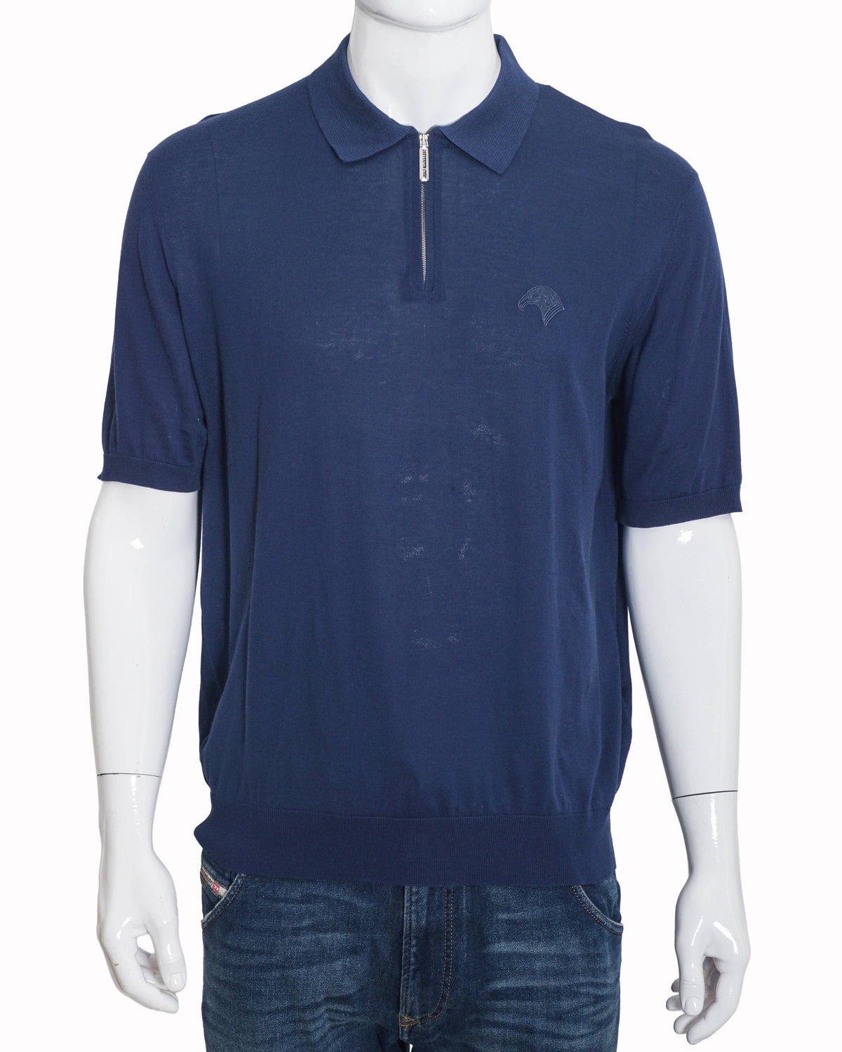 Stefano Ricci Navy Blue Eagle Embroidered Half-Zip Polo T-shirt