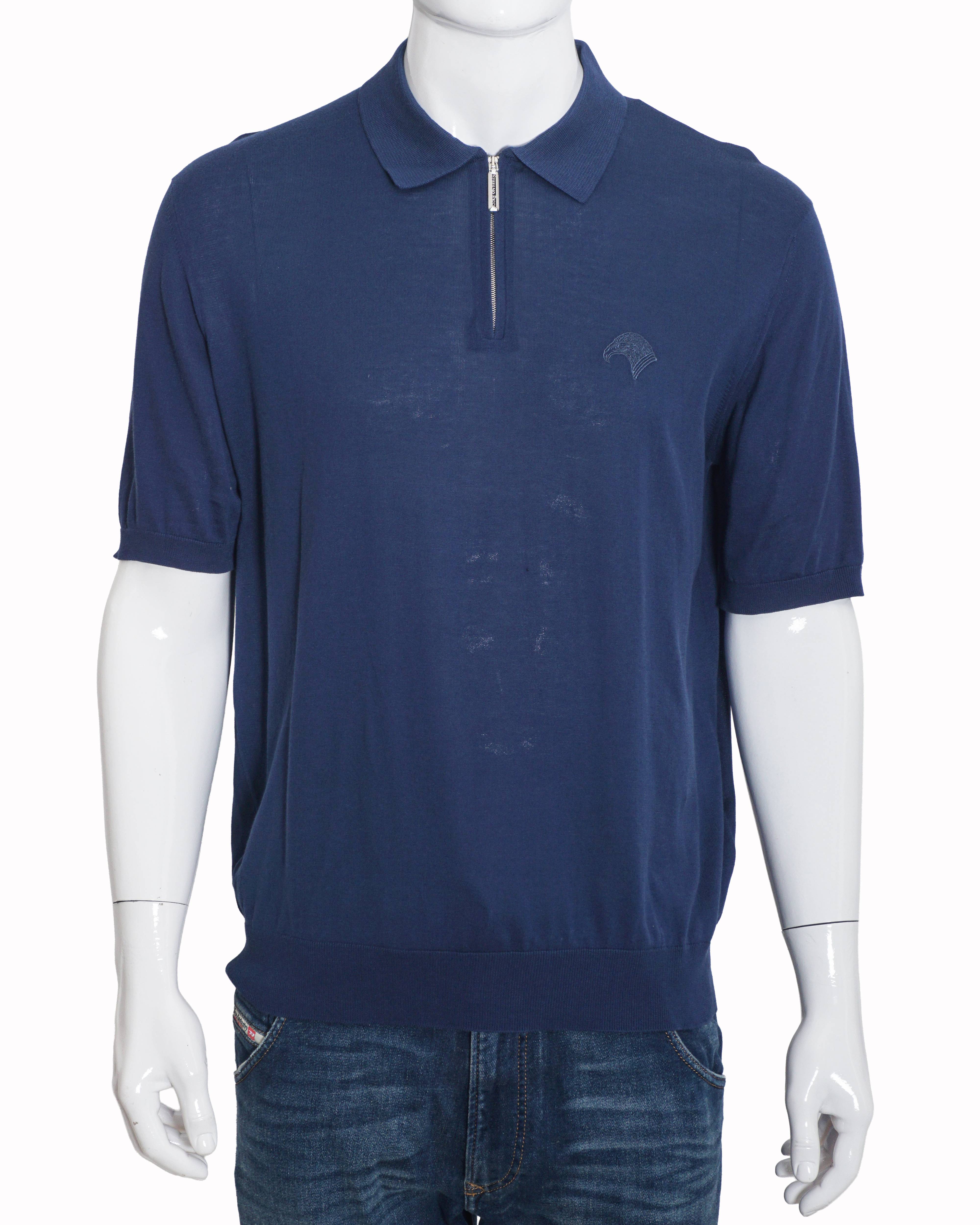 Stefano Ricci Navy Blue Eagle Embroidered Half-Zip Polo T-shirt