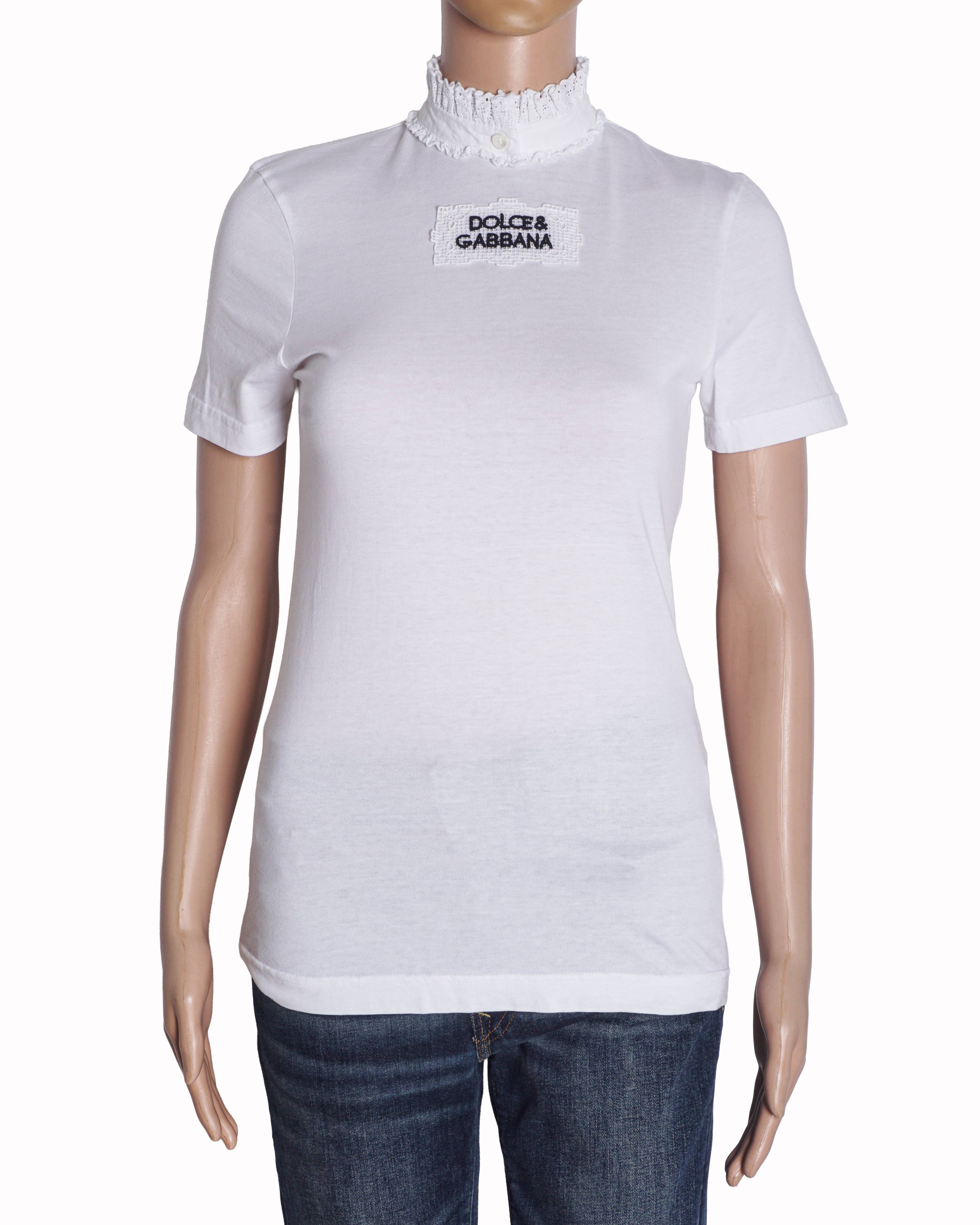 Dolce & Gabbana White Cotton T-Shirt with Lace Collar & Embroidered Logo